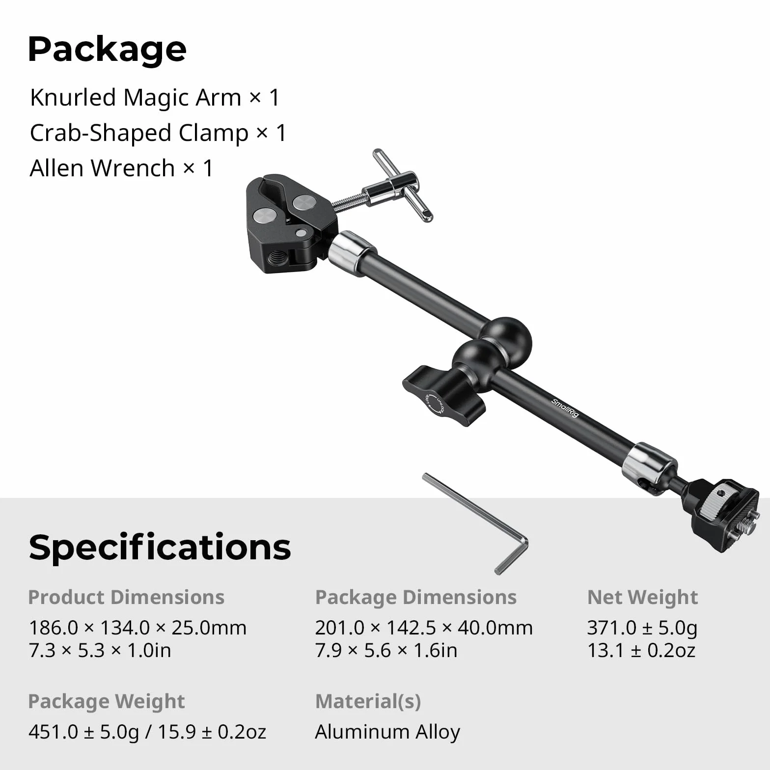 SMALLRIG Ramię Magic Arm 11 cali z zaciskiem w kształcie kraba, ramię ze śrubą 1/4"-20 i chowanymi bolcami, do kamer sportowych, monitorów, lamp wideo i mikrofonów - 5311