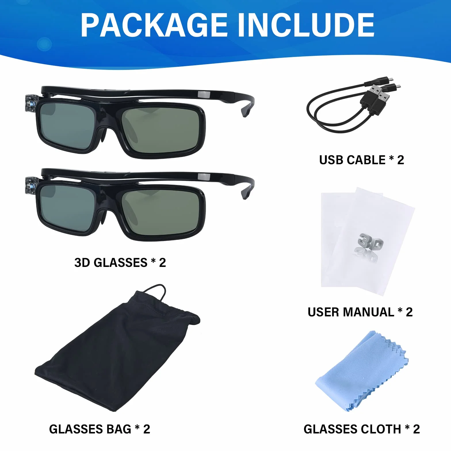 Toumei Okulary 3D, Akumulator Active Shutter Okulary 3D DLP Link kompatybilne z Acer BenQ Optoma Viewsonic Philips LG Infocus NEC Jmgo Vivitek Cocar Toumei - 2 sztuki