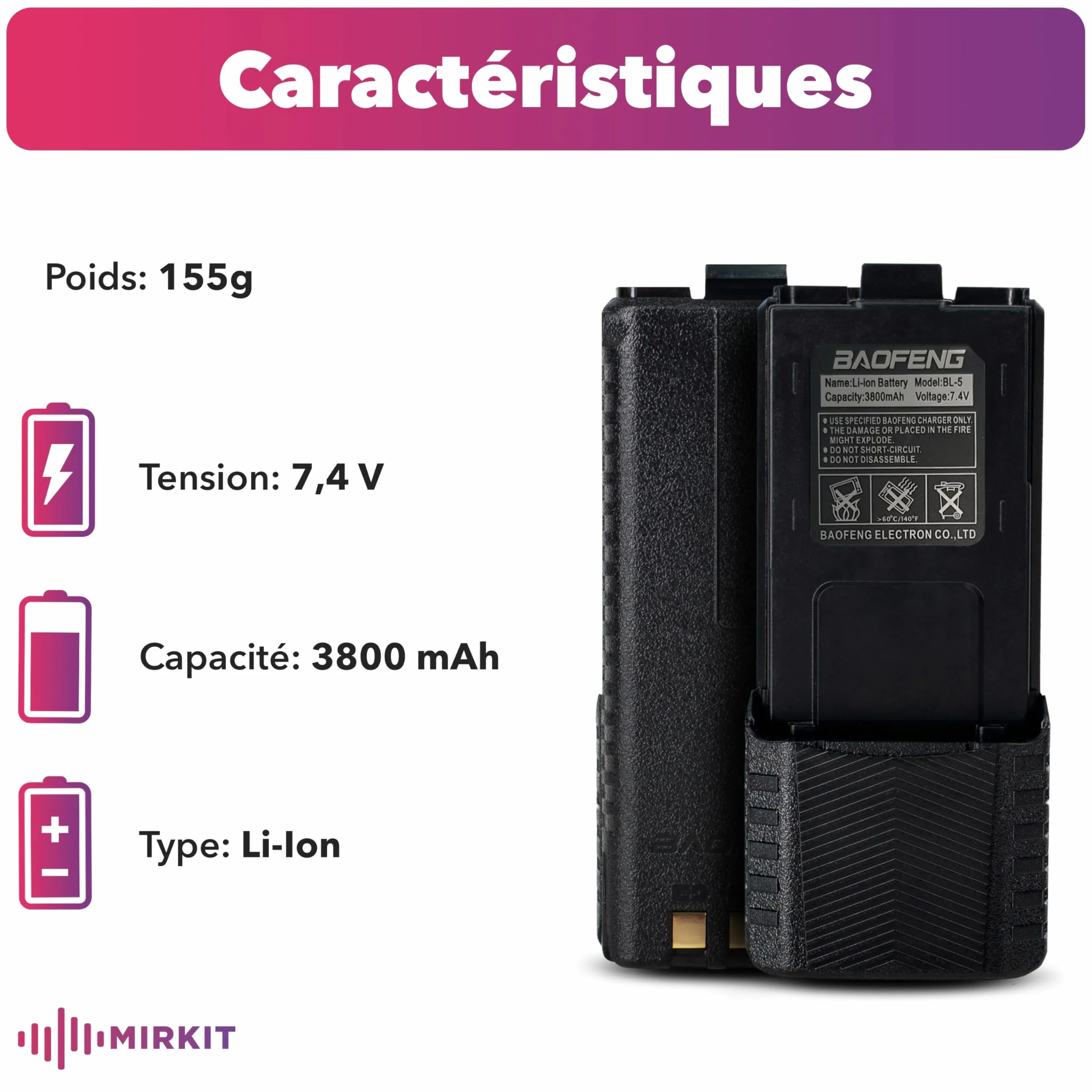 2 x Mirkit - BAOFENG UV-5R akumulator 3800 mAh - bateria kompatybilna z radiotelefonem Baofeng UV-5R Plus, Baofeng UV mk5, UV-mk5X3 / RD-5mk5/ UV-mk5TP / UV-5X3 - akcesoria do krótkofalówki Baofeng Walkie