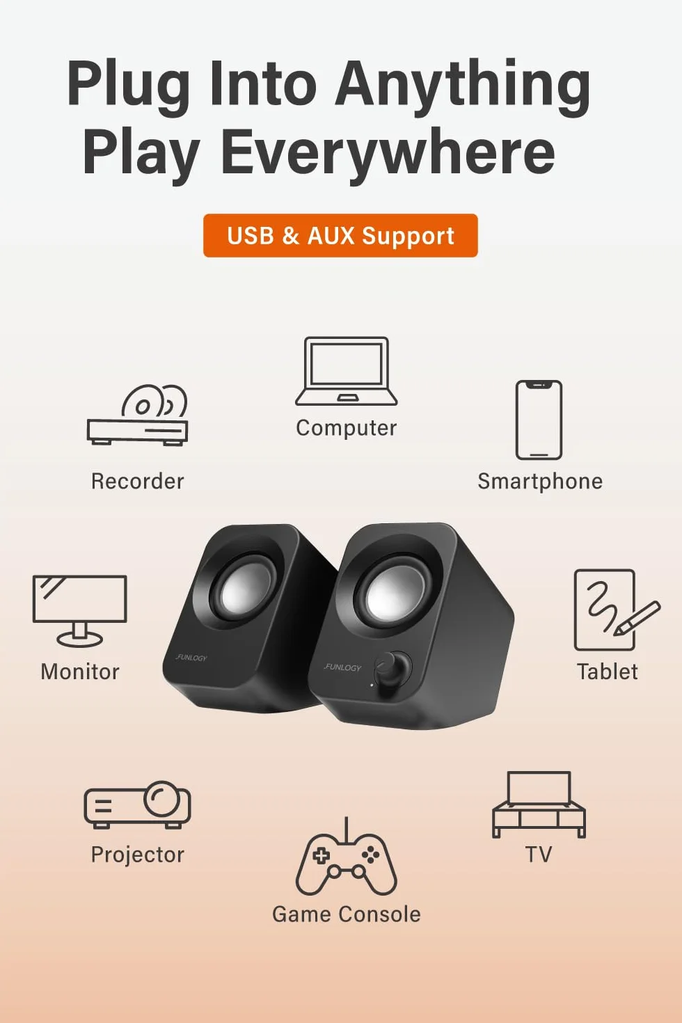 FUNLOGY Głośnik - głośniki stereo 14 W, zasilanie USB, kompaktowy rozmiar z nachyleniem 30°, regulacja głośności, do komputera stacjonarnego, laptopa, monitora, konsoli do gier, czarny