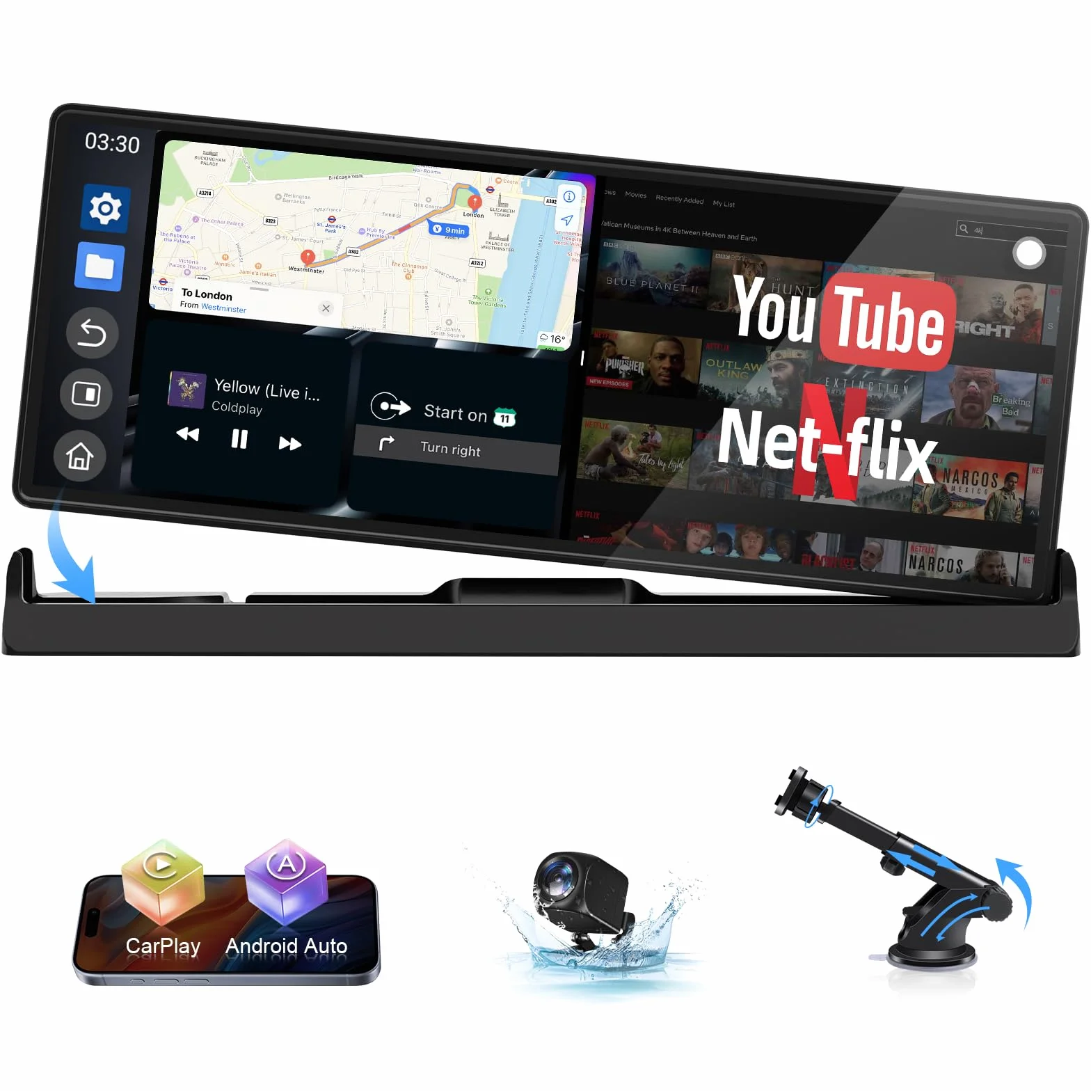 Ekran 4 w 1 do samochodu Carplay Android Auto Avec You.tube/Net.flix/Tik.tok | Obsługa Exclusif 10,26 Pouces Android Auto Display radio samochodowe do samochodu, z kamerą Recul Wi-Fi dwupasmowy, Bluetooth