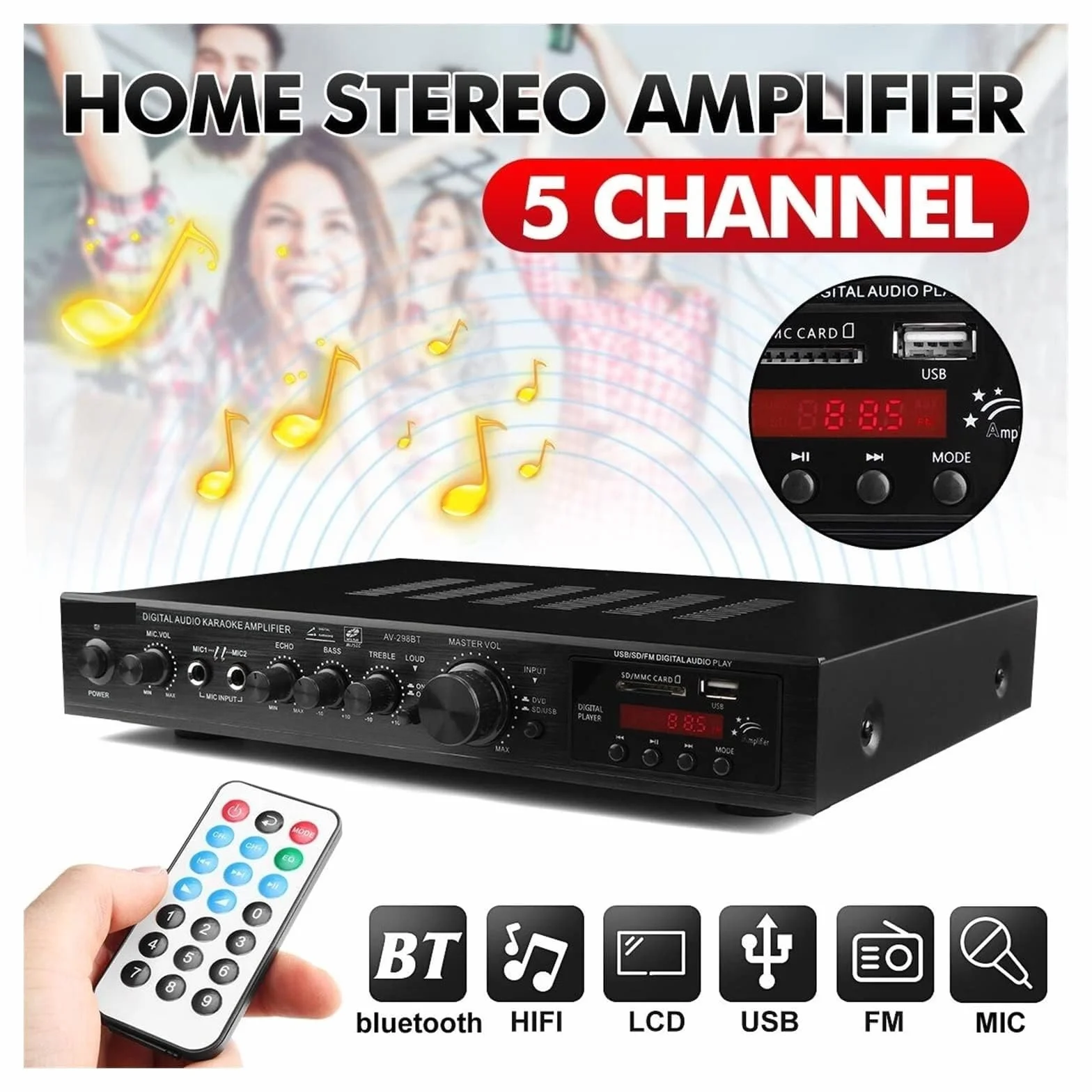 Wzmacniacz 5 1 dźwięku przestrzennego Bluetooth do systemu przestrzennego Hifi Led USB Av Power surround 298Bt wysokiej rozdzielczości Odtwarzacz Subwoofer samochodu gold