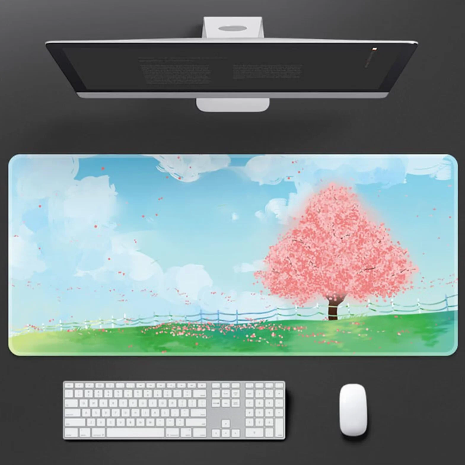 Podkładka pod mysz z motywem kreskówkowego różowego drzewa, 1000 x 500 x 5 mm, rozszerzona duża podkładka pod mysz, podkładka na biurko, zszywane krawędzie, antypoślizgowa gumowa podstawa, podkładka