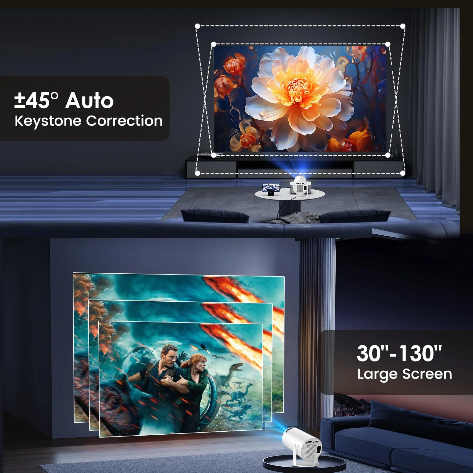 [Wbudowana aplikacja] Przenośny projektor mini projektor z WiFi 6 i Bluetooth 5.4 Reflektor obsługuje 4K 1080P, automatyczny obrót Keystone 270°, kompatybilny z HDMI/TV Stick/laptopem/Memory Stick