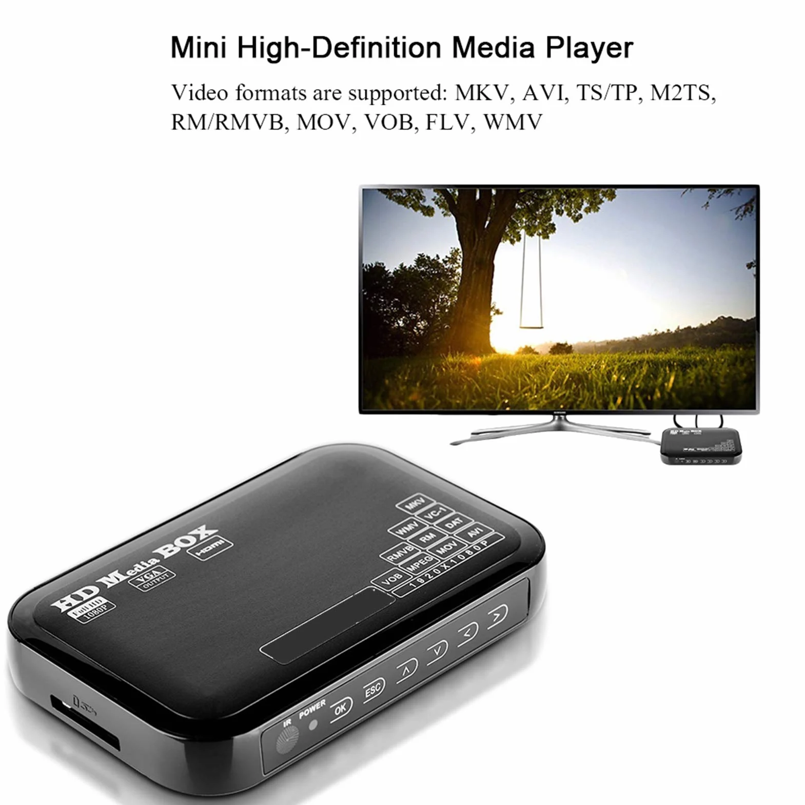 1080P Media Player-Box, Full HD -Box obsługa odtwarzacza wideo MKV, AVI, TS/TP, M2TS, RM/RMVB, MOV, VOB, FLV, WMV 110-240V (wtyczka EU)