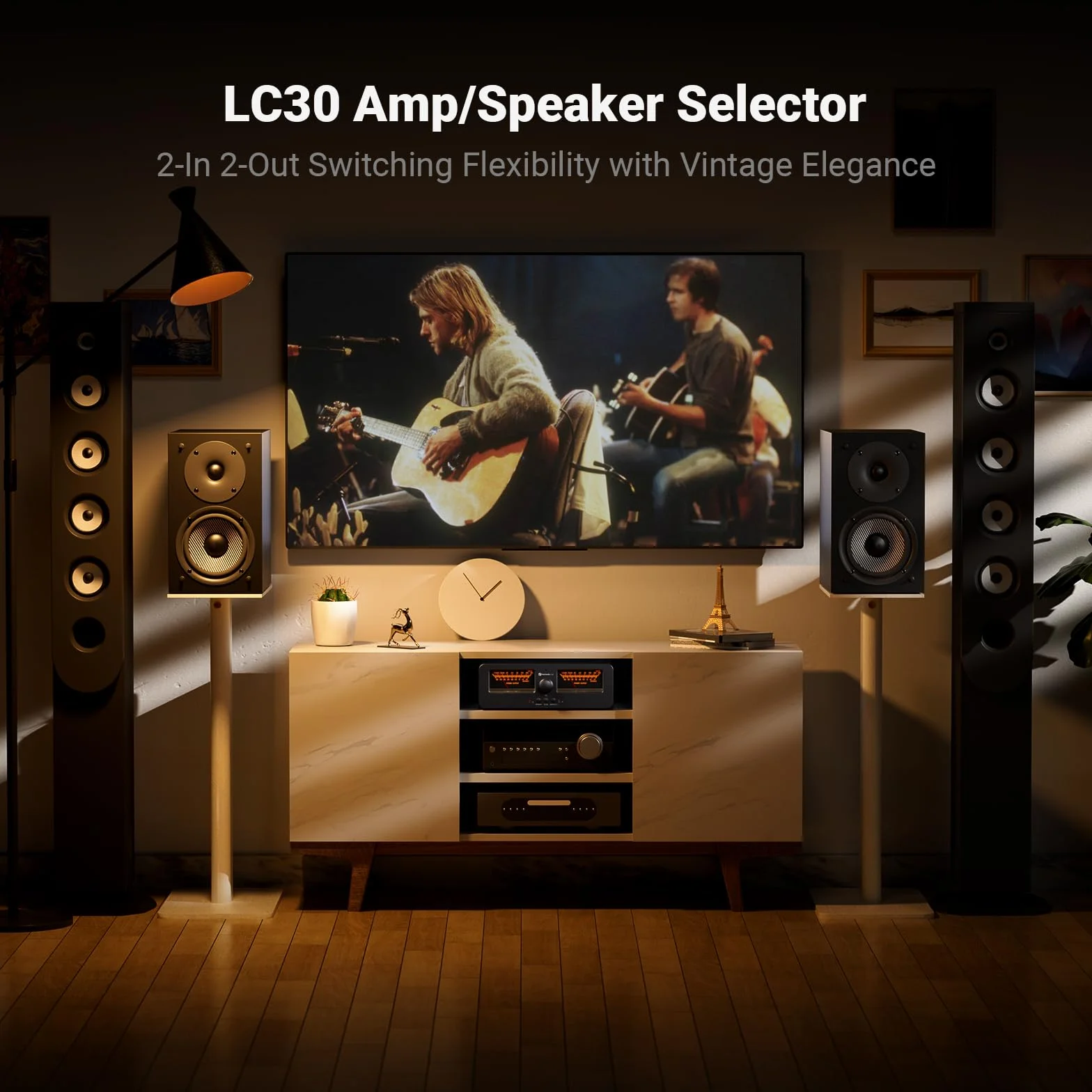 Fosi Audio LC30 czarny podwójny miernik VU Audio Visualizer, przełącznik 2 wejścia 2 wyjścia vintage do wzmacniaczy stereo o dużej mocy, komponent do kina domowego, pilot zdalnego sterowania