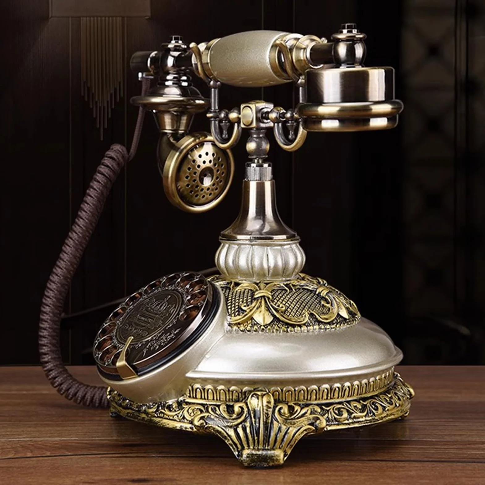 Vintage telefon przewodowy, telefon stacjonarny z tarczą retro, biurko do dekoracji hotelu w biurze domowym(Silver)