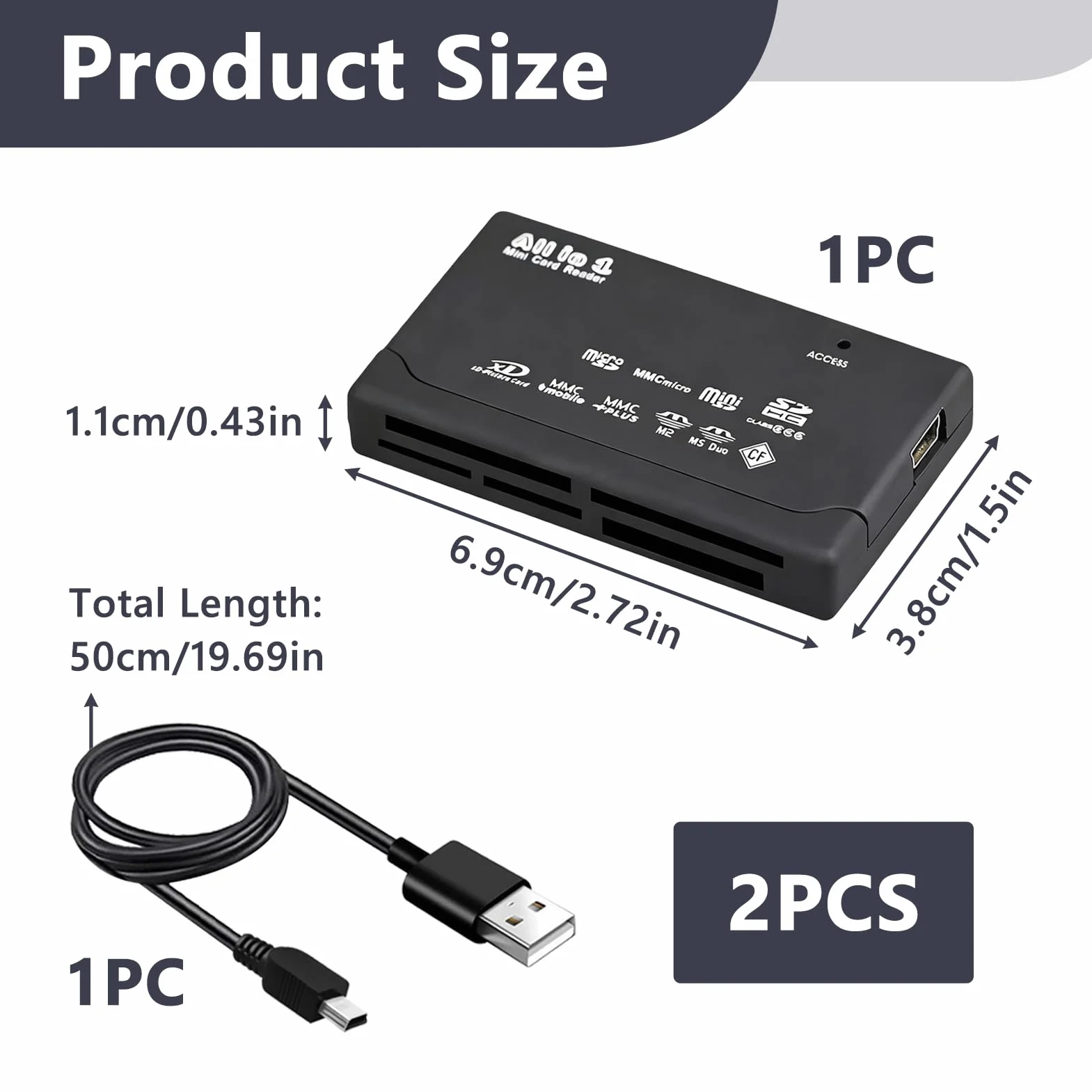Czytnik USB 6 w 1 All-in-One karta pamięci, zewnętrzna karta pamięci kompatybilna z CF SD SDHC XD MS M2 TF, szybki, 480 Mb/s Plug and Play, do komputerów PC z systemem Windows i Mac OS