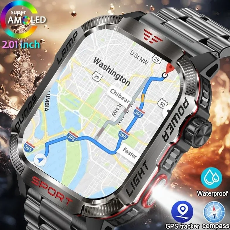 Dla Huawei Smart Watch dla Xiaomi wojskowy GPS inteligentny zegarek męski latarka kompas wodoodporny zewnętrzny sportowy tracker połączenia Bluetooth inteligentny zegarek (czarny silikonowy