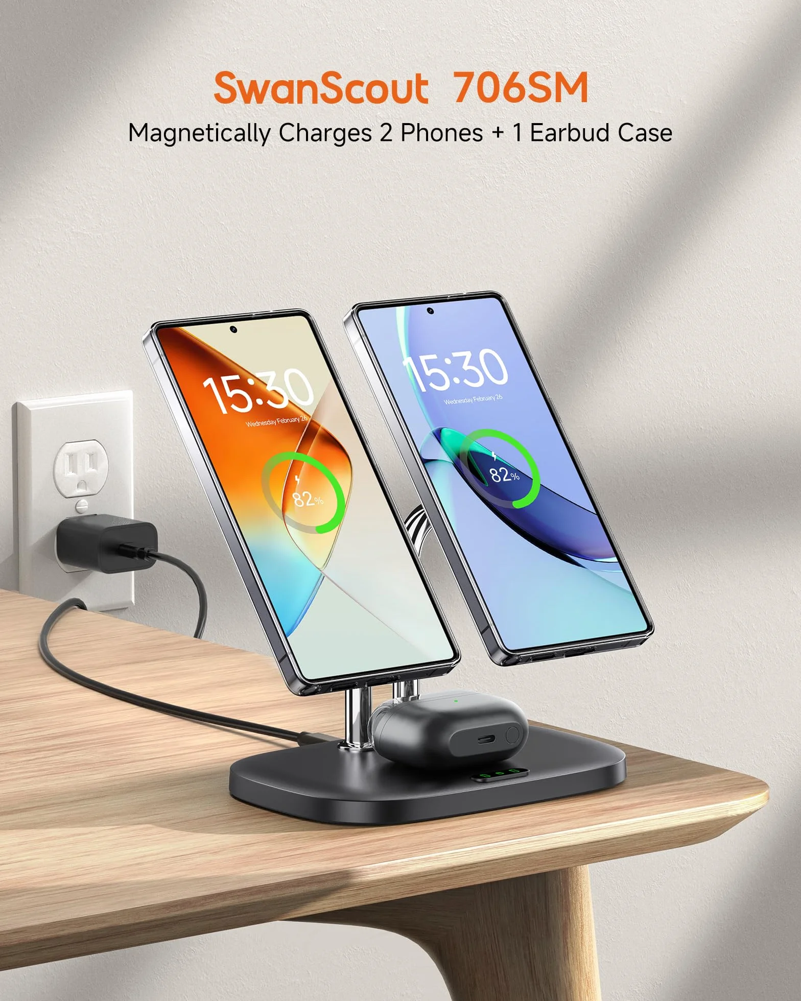 SwanScout podwójna stacja ładująca do Samsung Galaxy S26 Ultra/S26+/S26/S25/Z Fold/Z Flip/S24/S23 (wymagane magnetyczne etui do telefonów Samsung), do Galaxy Buds3 Pro, SwanScout 706SM