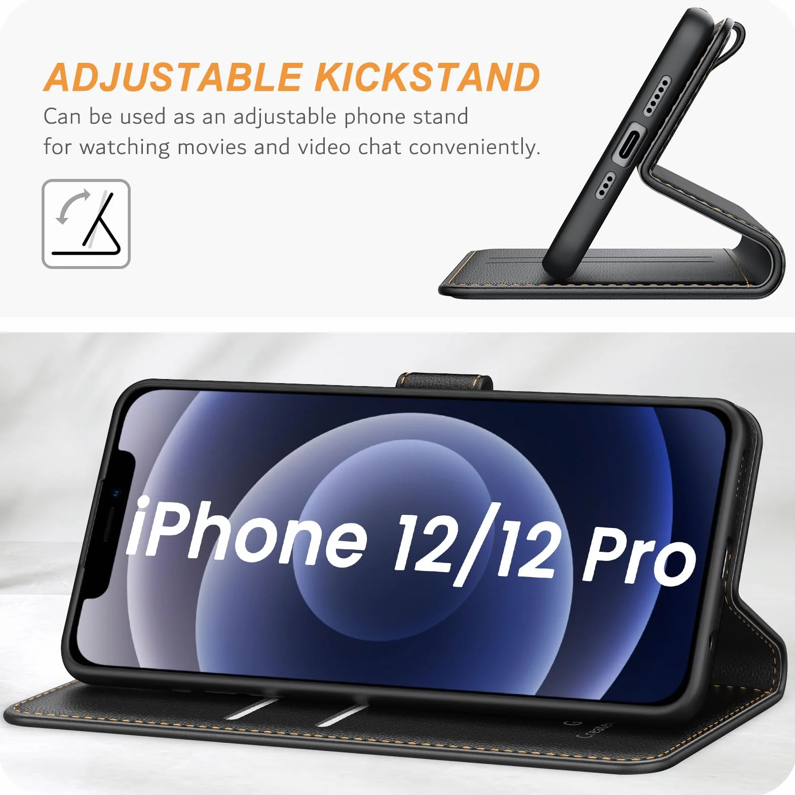 Ganbary Etui kompatybilne z iPhone 12/12 Pro, wysokiej jakości skóra PU z klapką portfel etui na telefon [pełna ochrona] [przegródki na karty] [podpórka] dla iPhone'a 12/12 Pro, czarne