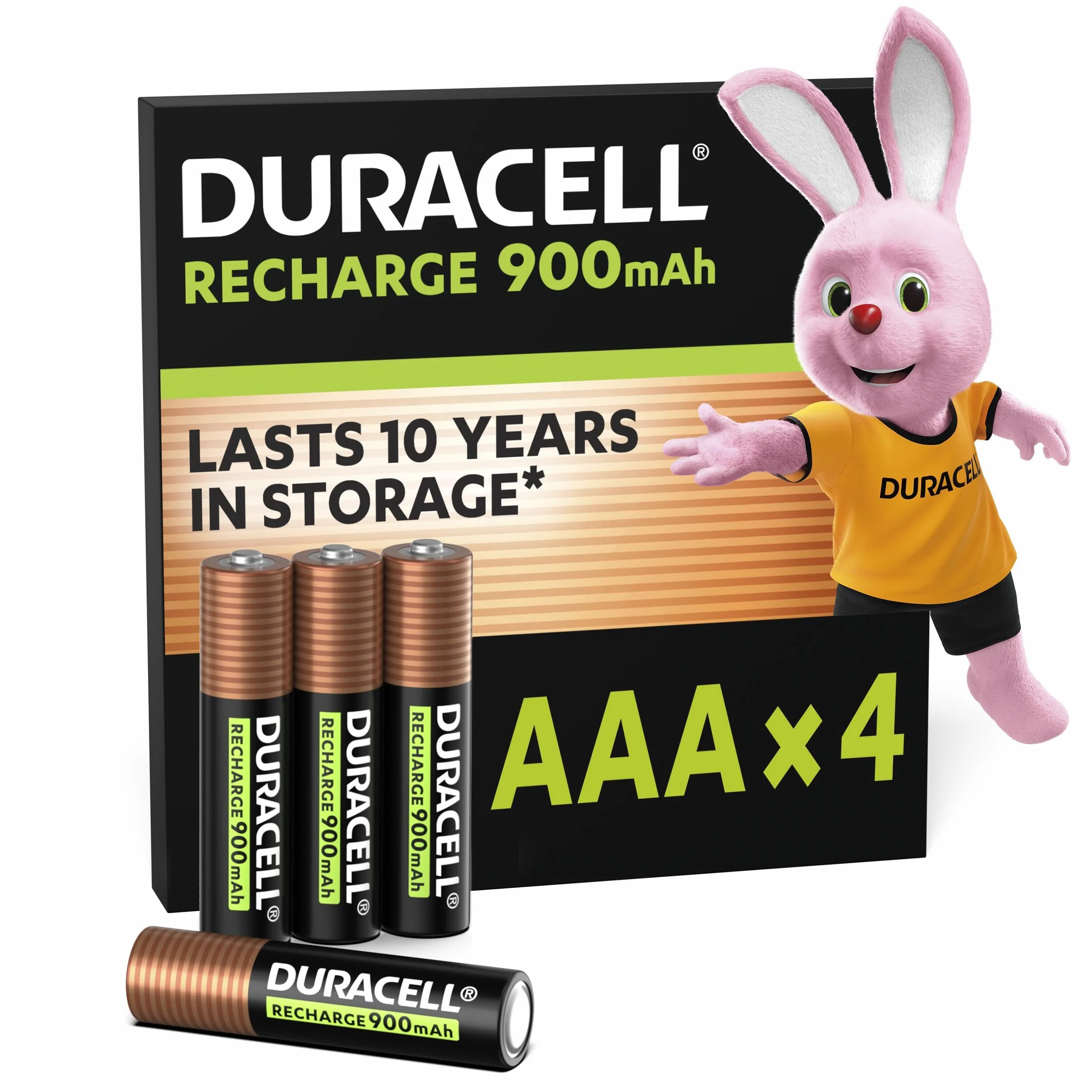 Duracell Akumulatorki Rechargeable, 4 szt., AAA 900 mAh NiMH, Fabrycznie naładowane, Nasze działające najdłużej akumulatorki z opakowaniem w 100% nadającym się do recyklingu, nie zawiera plastiku