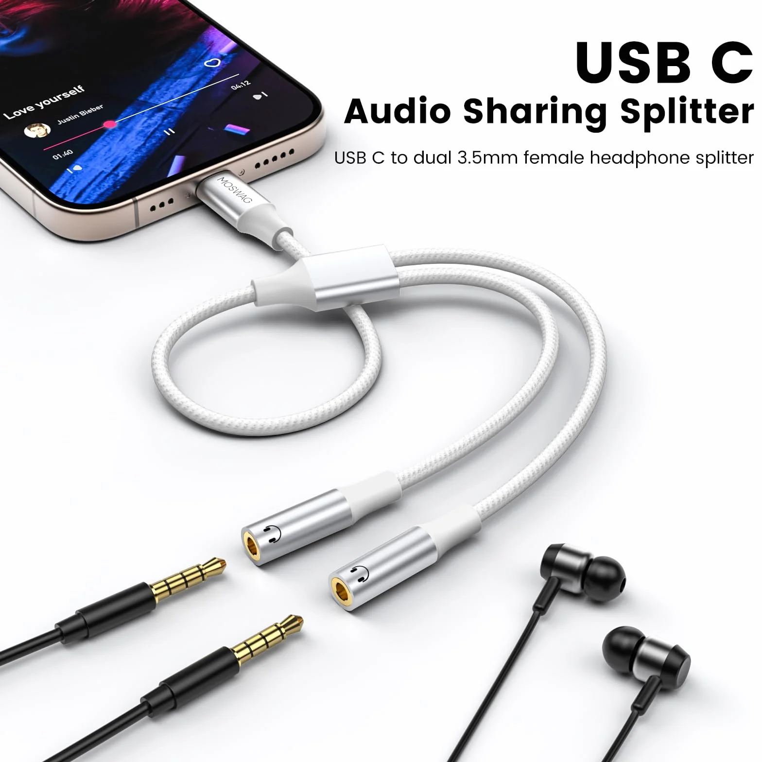 MOSWAG 3,5 mm Typ C do podwójnego gniazda pomocniczego słuchawek, 3,5 mm pomocniczy adapter słuchawek typu C do podwójnego gniazda kompatybilny z Pixel 7 6 Pro 5, Galaxy S23 S22 S21
