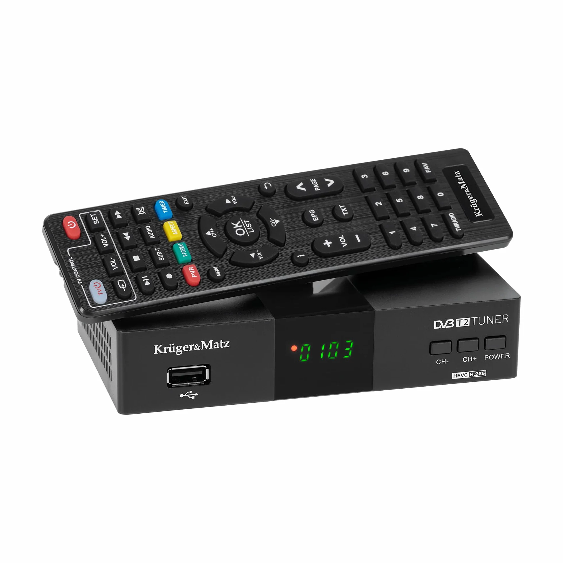 Krüger&Matz Tuner DVB-T2 H.265 HEVC rozdzielczość 1920x1080 px KM0550D Timer Timeshift Telegazeta Ulubione Kanały 512 Mb RAM