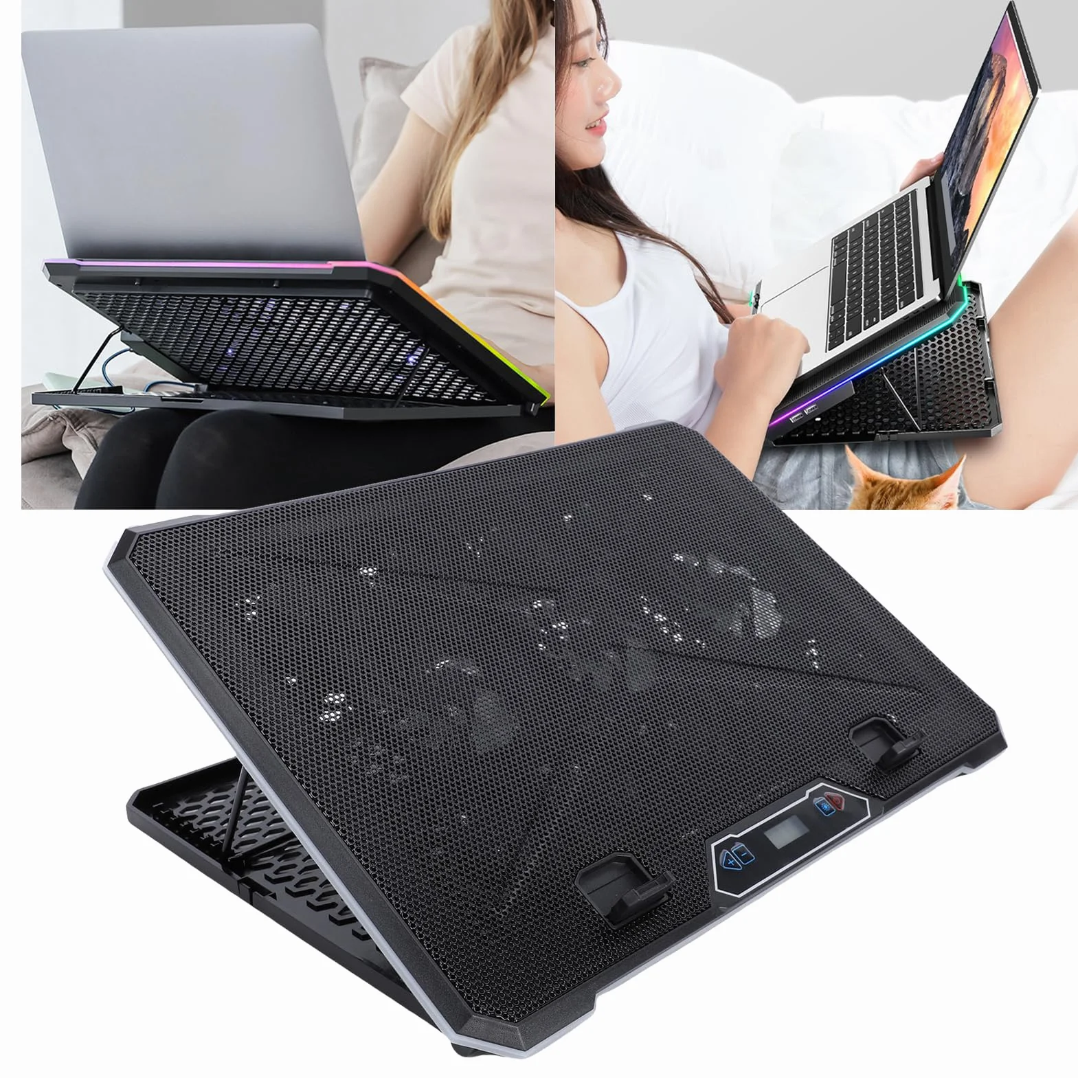 LICAEVEY Podkładka Chłodząca do Laptopa do Gier, 8 Poziomów Regulacji Wysokości, Oświetlenie RGB, 2 Porty USB Oświetlenie RGB Chłodzenie Laptopa 12–19 Cali z Adapterem 3C, Cicha Praca (14 fanów)