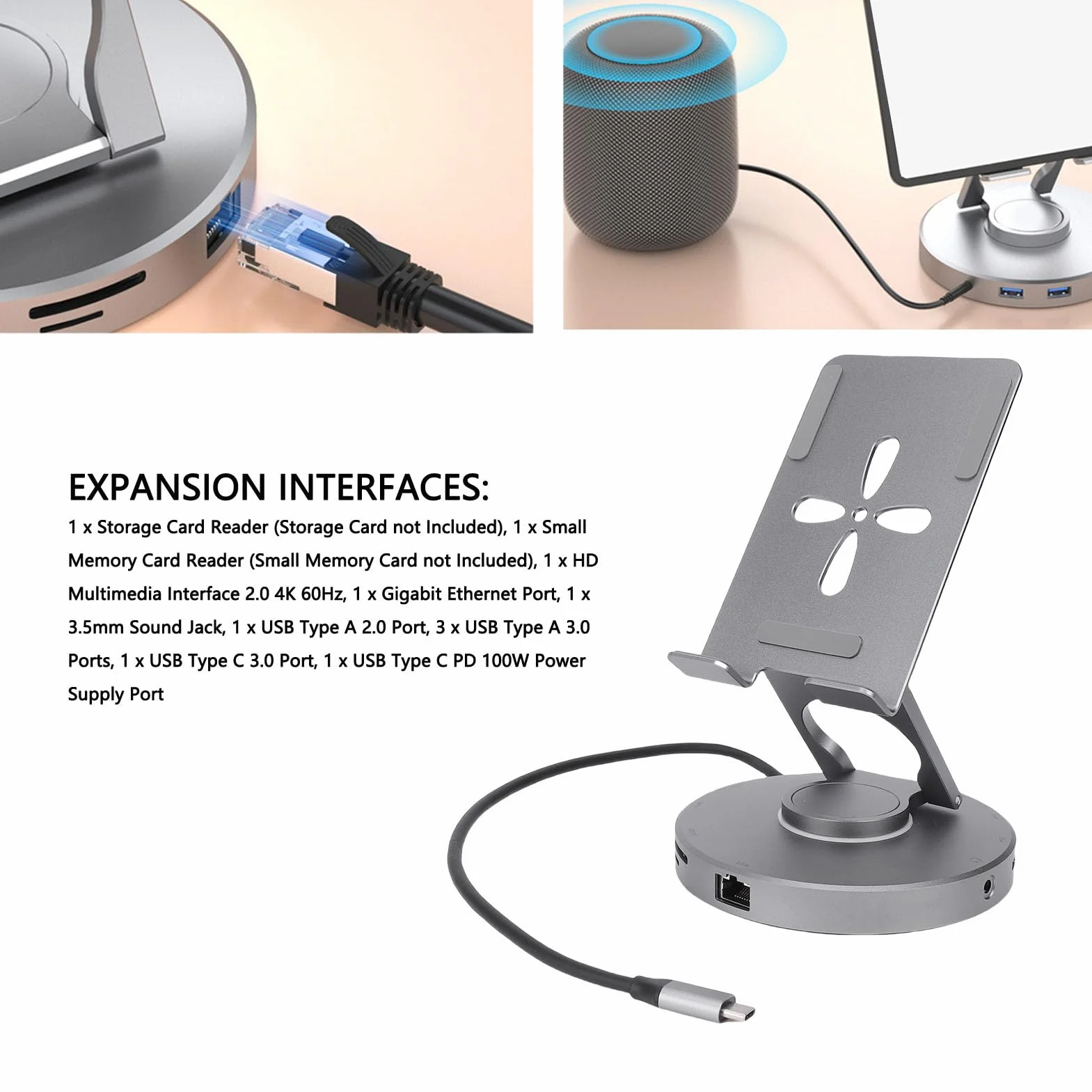 Stojak na stację dokująCą USB C, Regulowany Uchwyt na Tablet 10 W 1 z Czytnikiem Kart 4K 60 Hz Gigabit Ethernet 3,5 Mm Jack 100 W PD, Laptopy, Tablety, Konsole do Gier