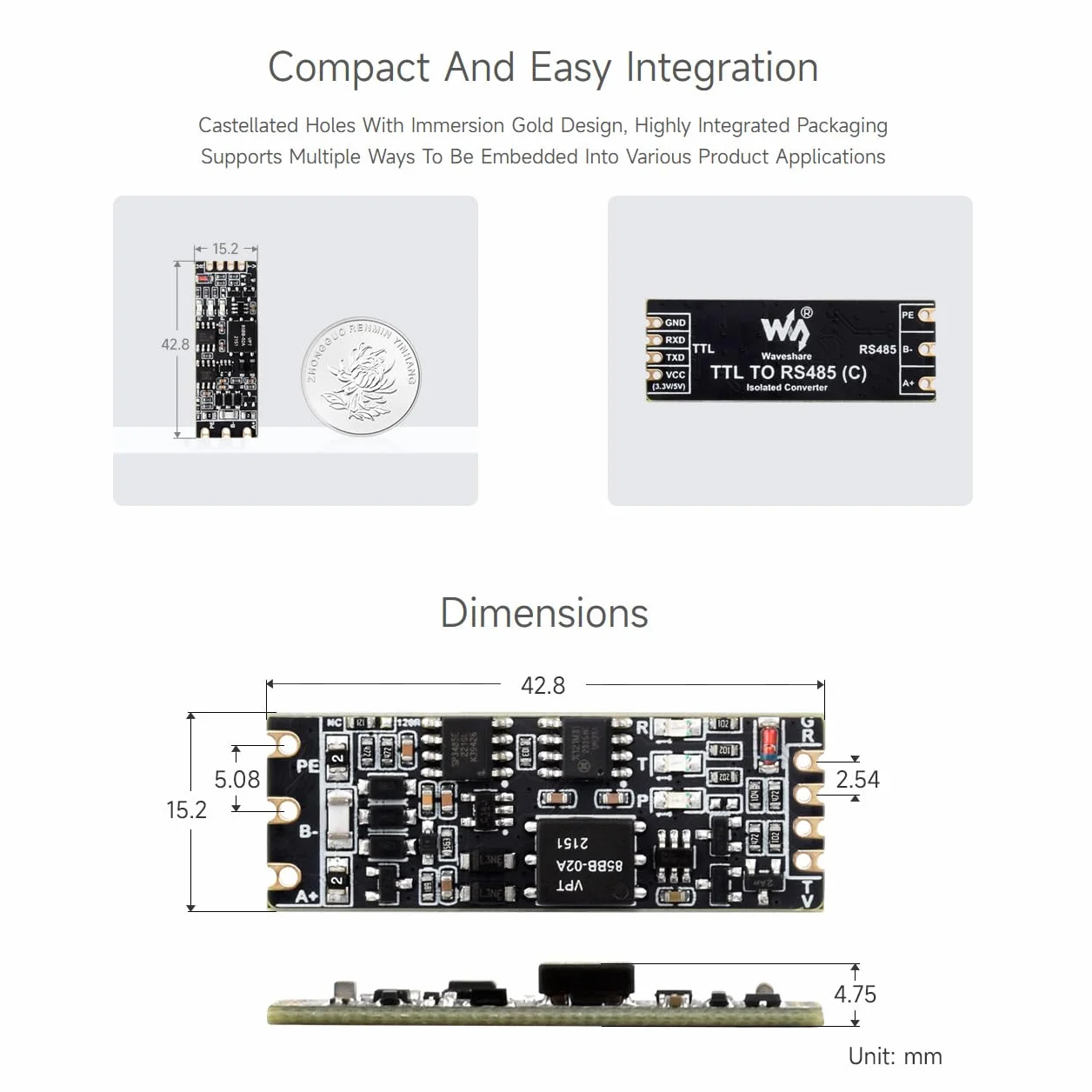 Waveshare TTL To RS485 (C) Galvanic Isolated Converter, Half-Duplex Communication, Lightningproof & Anti-Surge, Multi-Isolation Protection