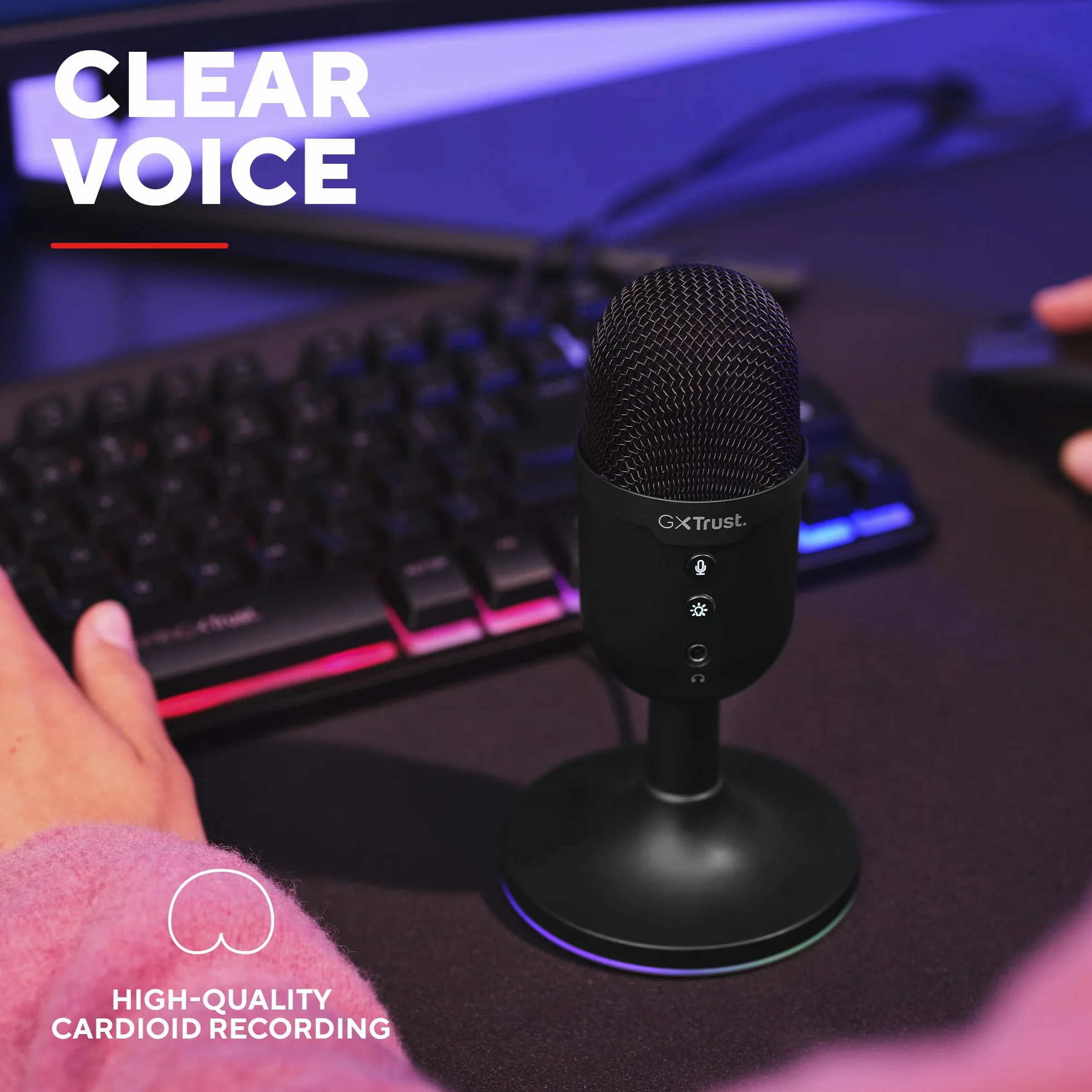GXTrust 236 Yami Mikrofon Pojemnościowy USB do Podcastów Twitch Discord ASMR Youtube Playstation 5, Mikrofon do Gier z Kardioidalnym Wzorem Nagrywania, Podświetlenie RGB, Czarny