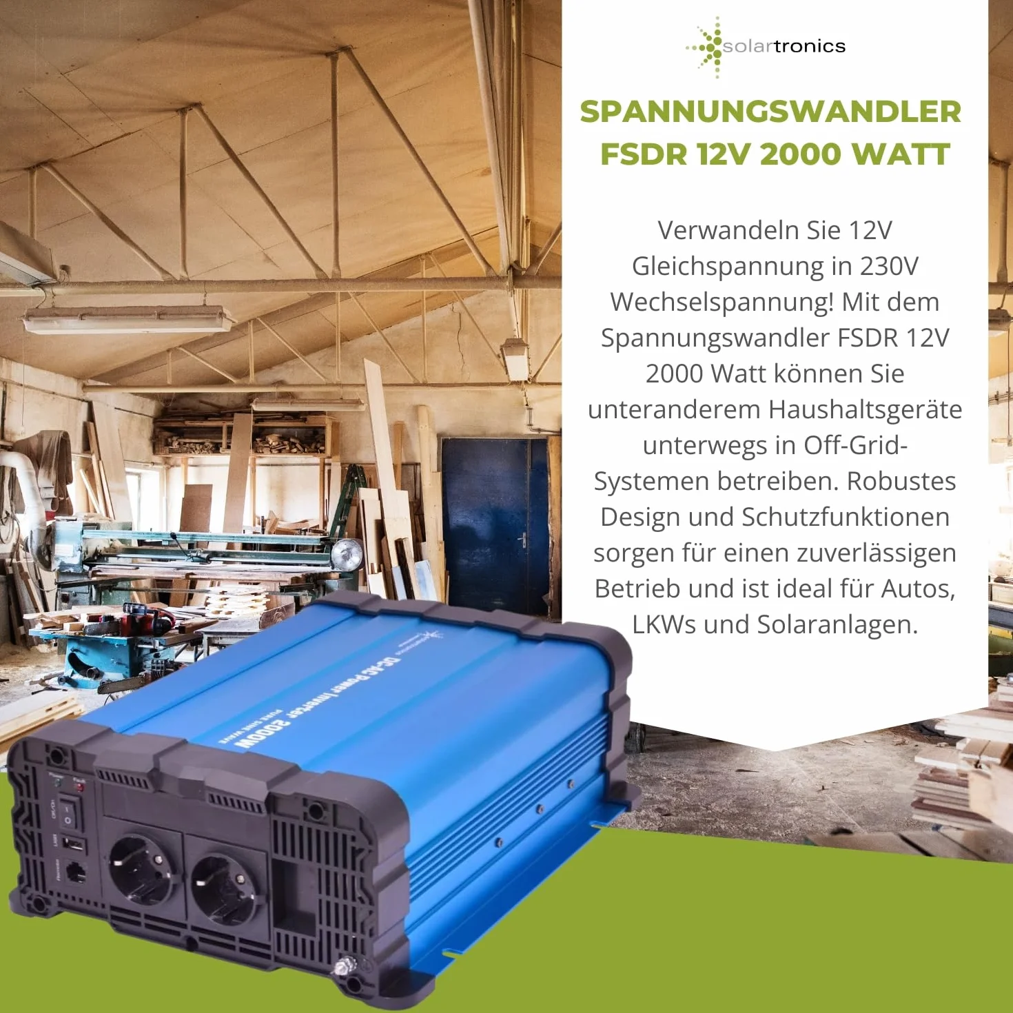 SOLARTRONICS Przetwornica napięcia FS2000DR 12 V 2000 W - falownik 12 V na 230 V - czysty sinus - kompatybilny z LiFePO4/litową, ołowiową, żelową lub AGM - USB - pilot zdalnego sterowania opcjonalnie