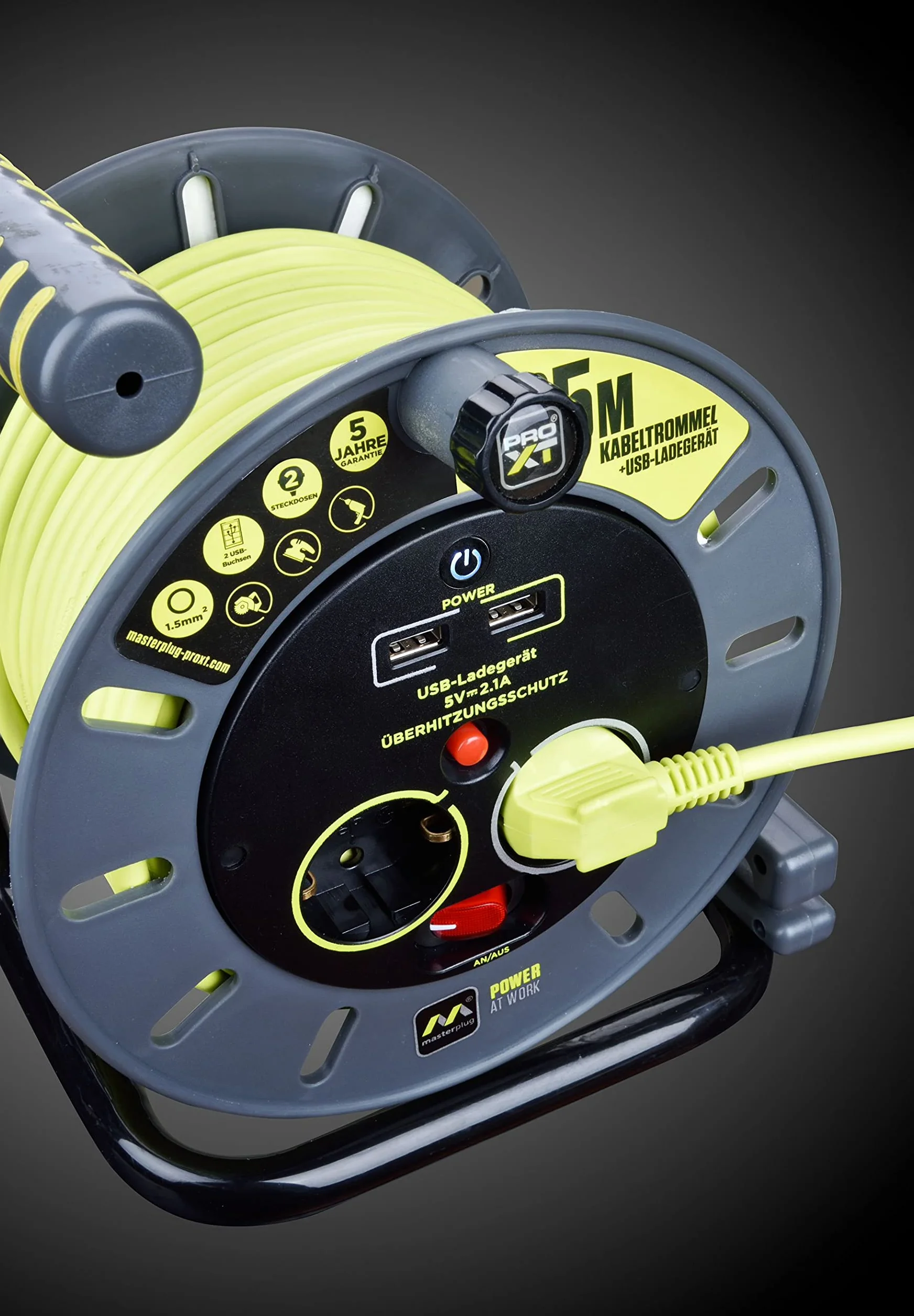 Masterplug Pro-XT bęben kablowy, 25 m, USB, przedłużacz, 4 Schuko + USB, 3000 W, szary/pistacjowy zielony