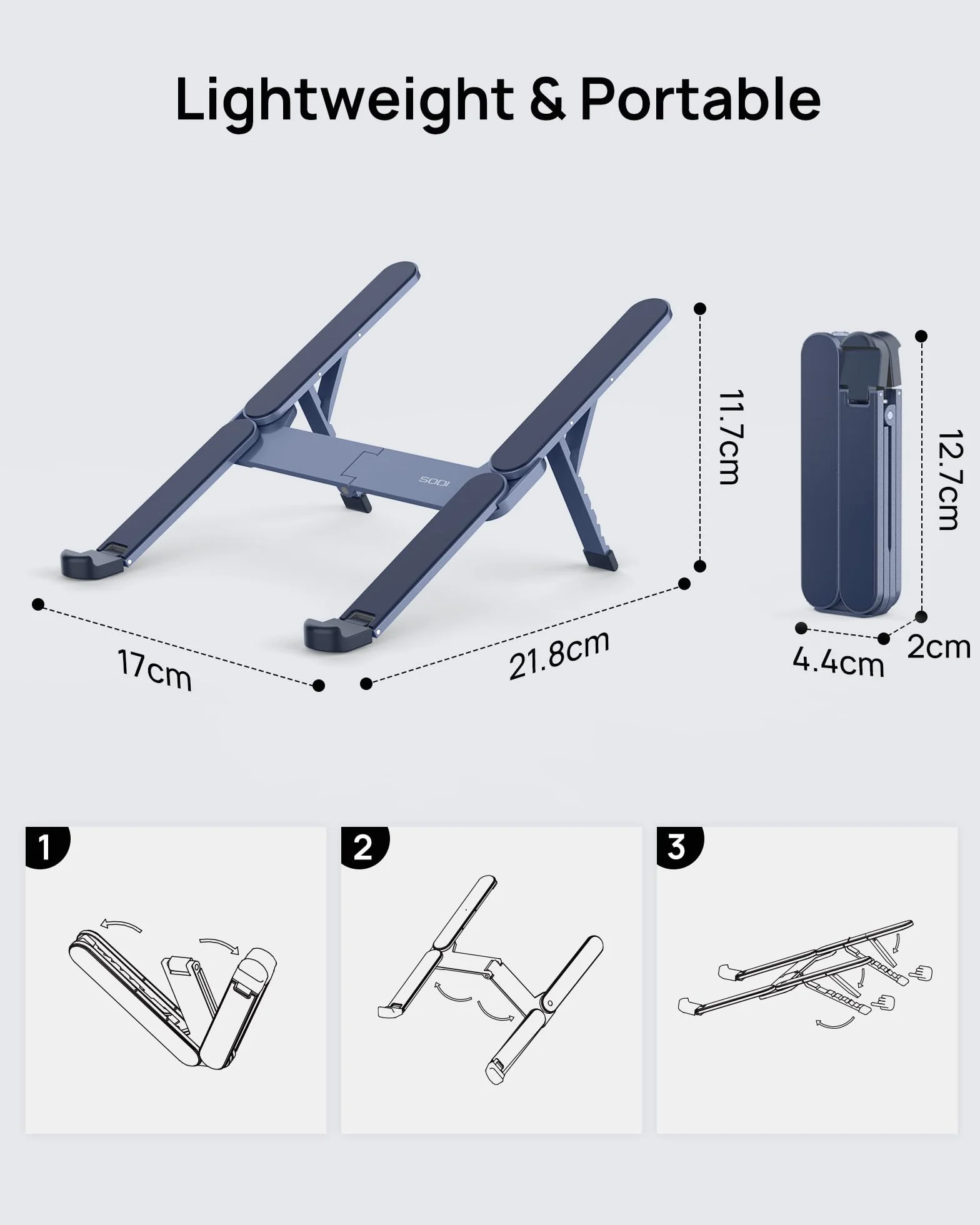 SODI Stojak na laptopa, składany aluminiowy stojak na notebooka, z regulacją wysokości, wentylowany, chłodzący, uchwyt na laptopa, do MacBook Pro/Air, HP, Sony, Dell, wszystkich laptopów o przekątnej