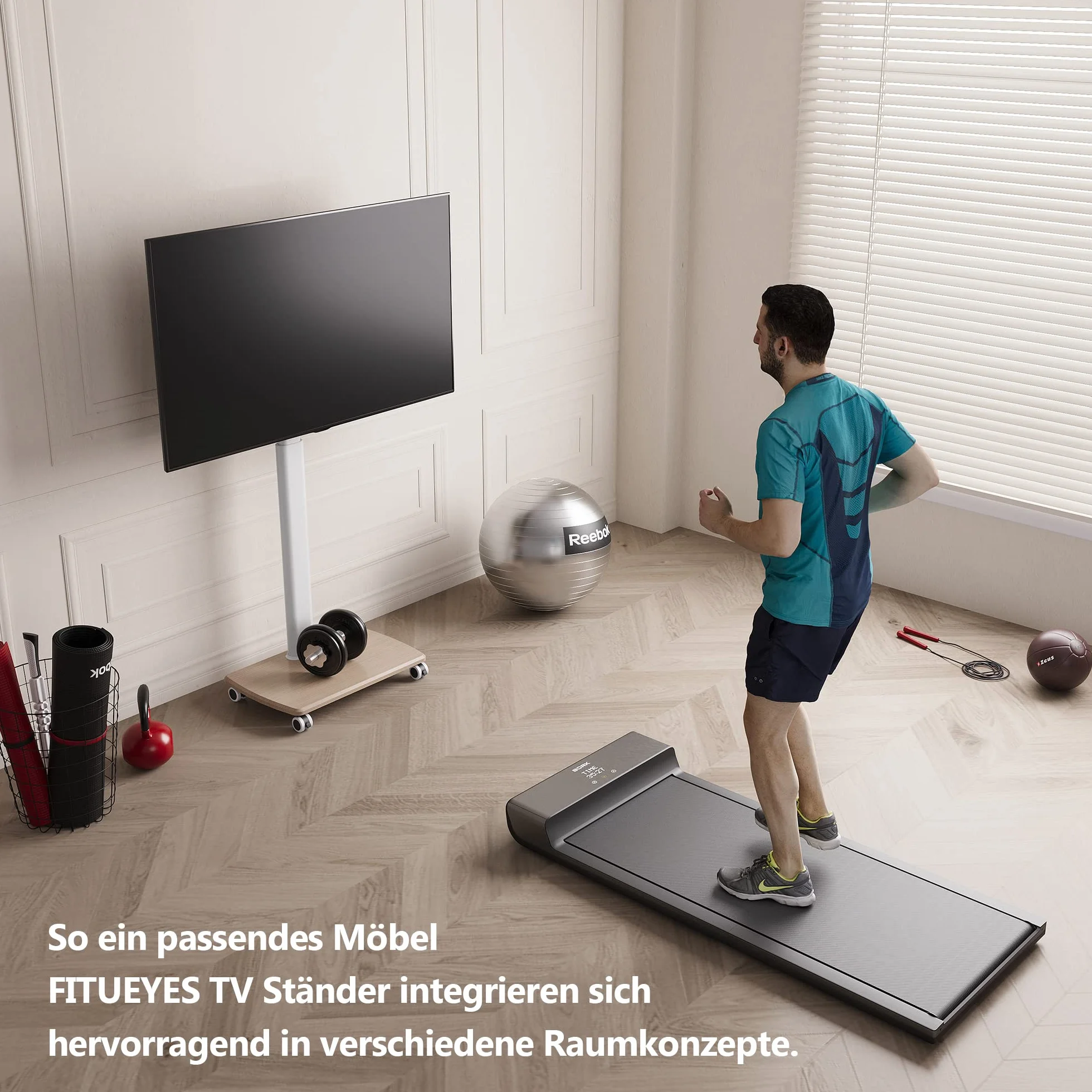 FITUEYES Biały stojak na telewizor na kółkach z 20mm drewnianą podstawą na telewizory 32–70 cali, mobilny wózek na telewizor z obrotem 60° i 6 regulowanymi wysokościami, maks. VESA 600x400mm, uchwyt
