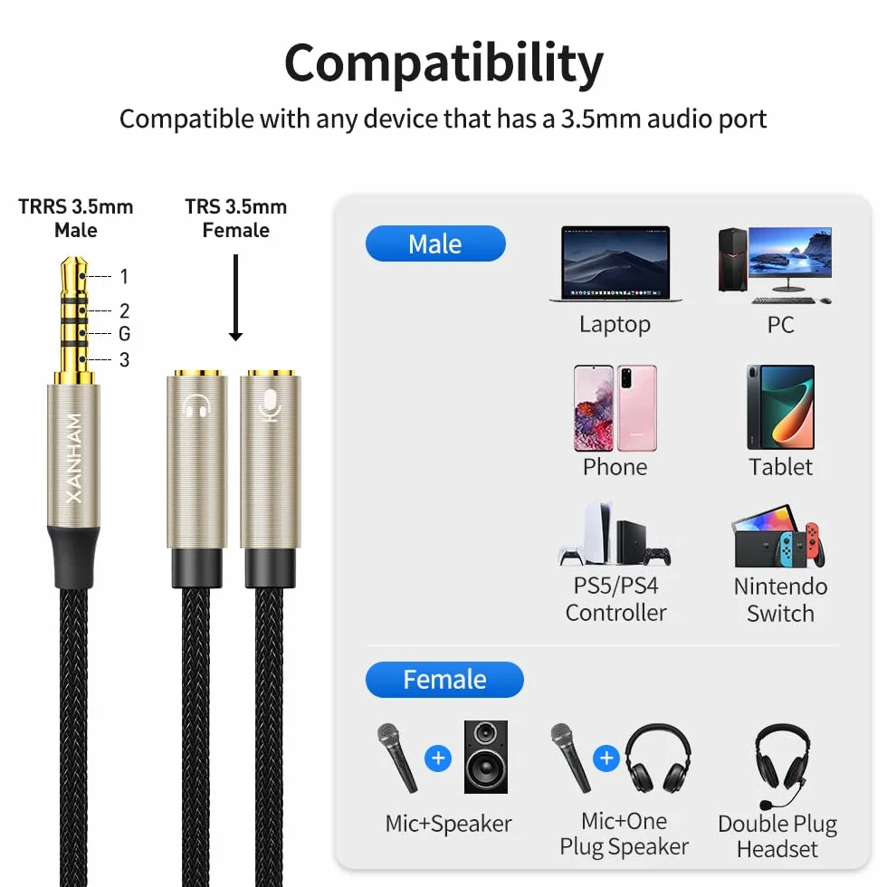 Rozdzielacz słuchawkowy 3,5 mm, w kształcie litery Y, 1/8", 2 TRS, żeński na 1 TRRS, męski, 4-biegunowy, mikrofon, audio, kompatybilny z laptopem, smartfonem, komputerem, tabletem, grami itp
