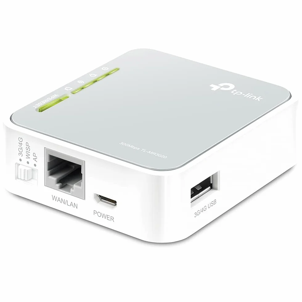TP-Link TL-MR3020 | Przenośny router 3G/4G Wi-Fi N150 | Tryby 3G/4G, WISP, AP | Zasilanie USB | Kompaktowy design | Kompatybilny z modemami USB Select ATT/Verizon/Sprint/T-Mobile
