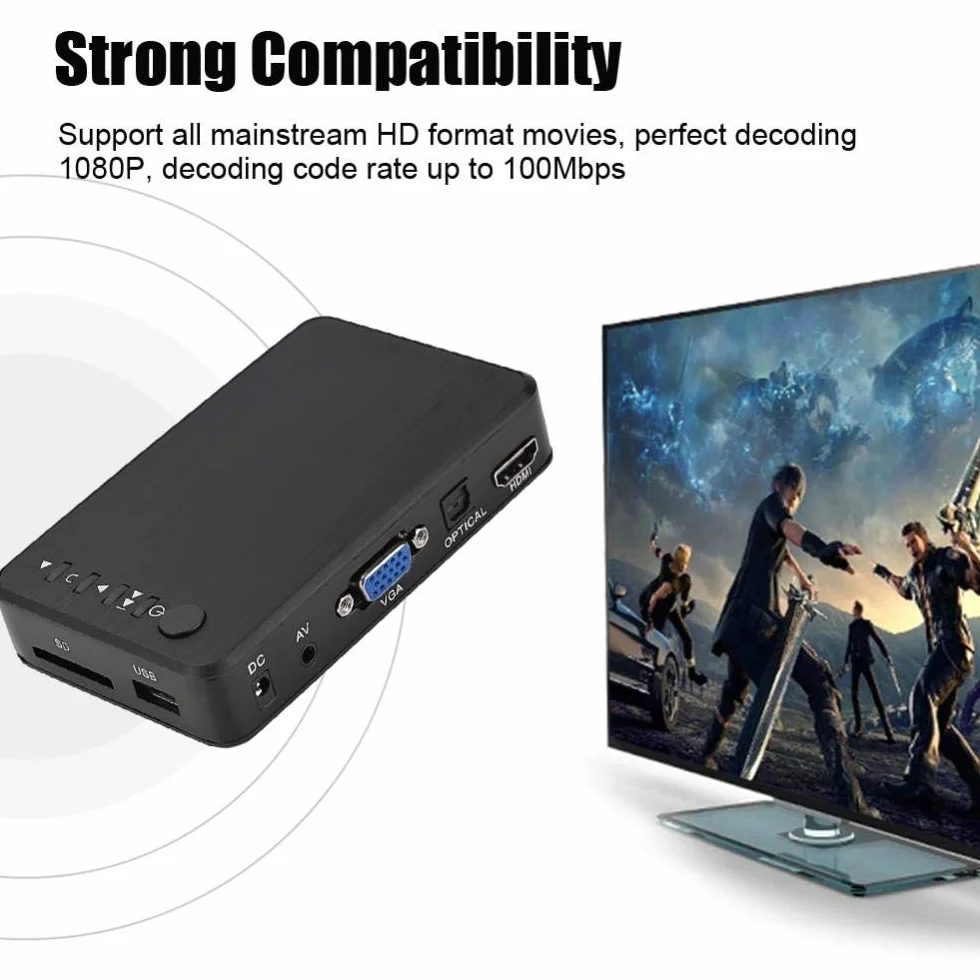 Odtwarzacz multimedialny, odtwarzacz multimedialny audio i wideo 1080P HD HDMI Obsługuje USB, kartę SD, dysk twardy z pilotem na podczerwień, 110 V-240 V. (UE)