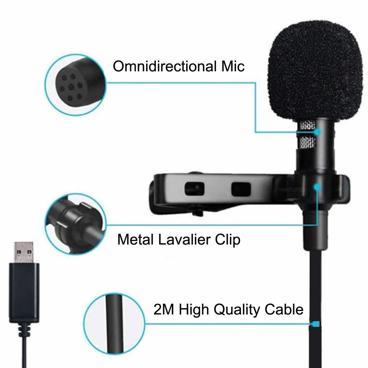 Mikrofon USB Lavalier Clip On z kablem 2 m do laptopa, nagrywania audio-wideo