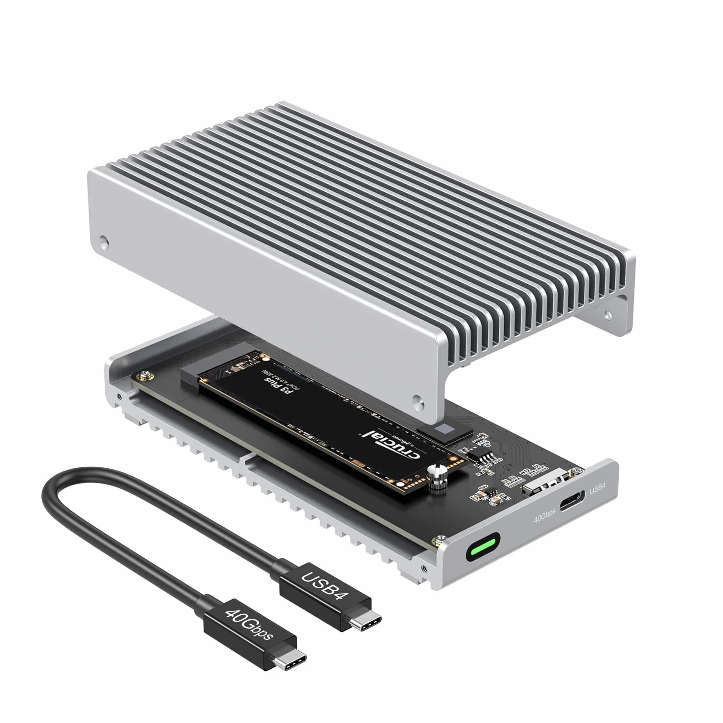 Qwiizlab Zewnętrzna obudowa SSD bez wentylatora 40 Gbit/s USB 4 Thunderbolt z aluminiową obudową radiatora, obsługuje M.2 NVMe PCIe SSD do 8 TB (nie wchodzi w zakres dostawy) (ES40UR (srebrny)