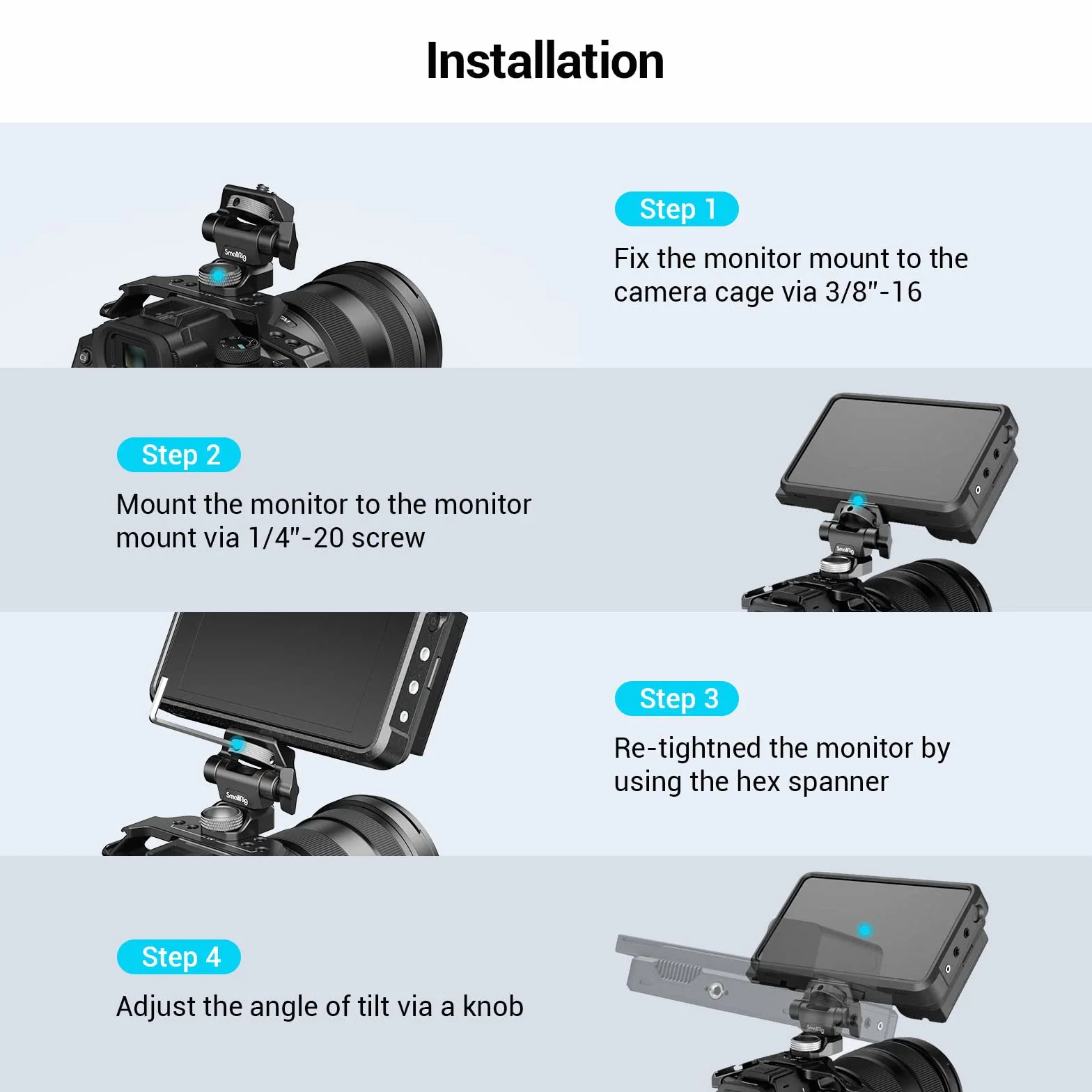 SMALLRIG Regulowany Uchwyt Monitora Kamery w Stylu dla ARRI (Aktualizacja), Obracany o 360° i Pochylany o 180° Uchwyt Monitora Anti-Twist Support Monitor Polowy 5" i 7" - 2903B