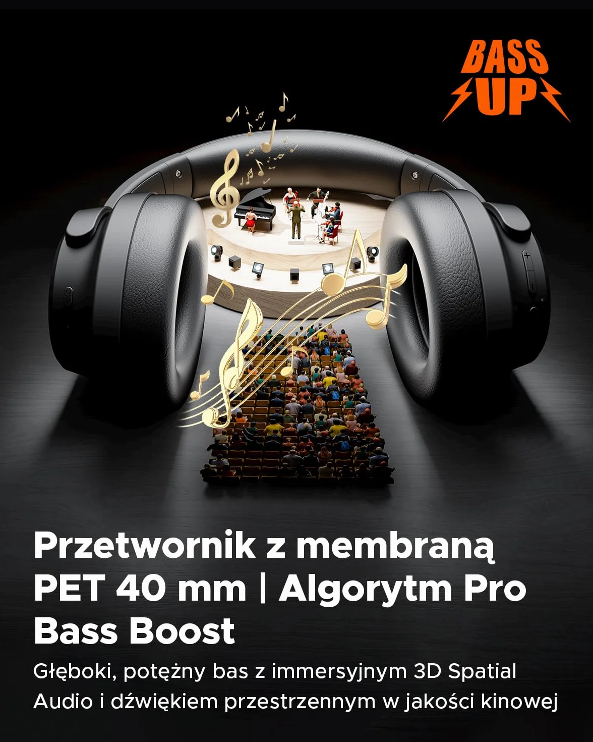 Truefree HF-10 nauszne słuchawki Bluetooth ze sterownikiem 40 mm, ANC -45 dB, dźwięk przestrzenny, akumulator 125 h, mikrofon AI, aplikacja, tryb gier, składany, USB-C, AUX, zestaw słuchawkowy z