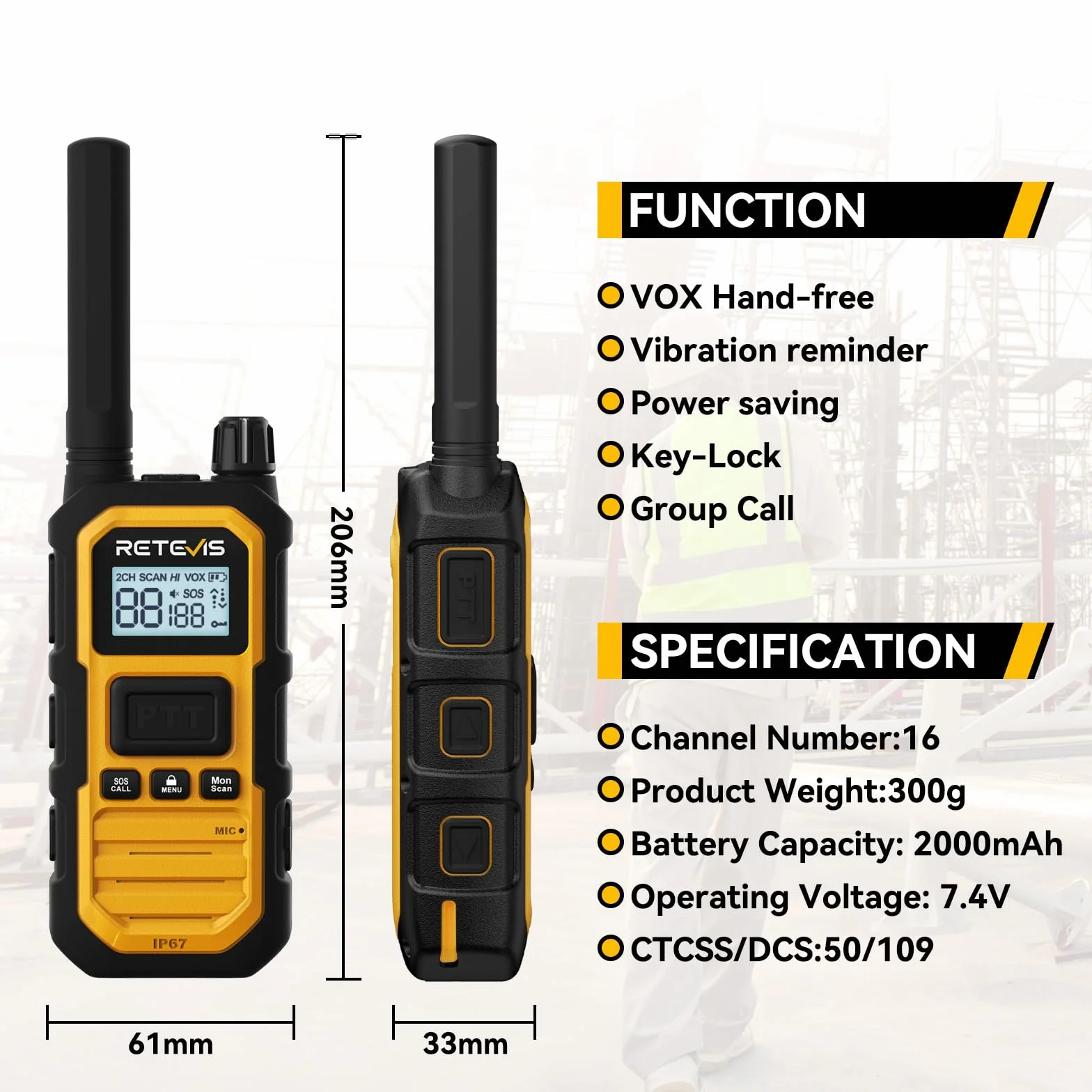 Retevis RB648 Plus Walkie Talkie o Dużej Mocy, IP67 Wodoodporne Radio Dwukierunkowe ze Słuchawkami, Połączenie Grupowe, 2000mAh, VOX, Profesjonalne Walkie Talkie dla Dorosłych, Produkcji(4 Szt. Żółty)