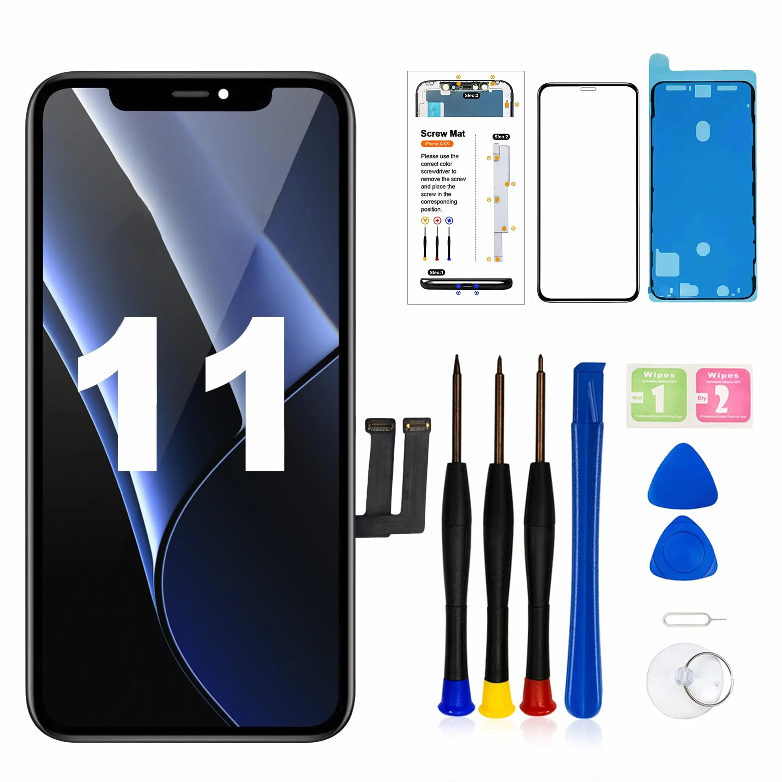 LMQ Zamiennik ekranu LCD do iPhone'a 11 6,1 cala, montaż ramki, wyświetlacz LCD i ekran dotykowy 3D z zestawem narzędzi naprawczych do A2111, A2223, A2221, z wodoodpornym klejem do szkła hartowanego