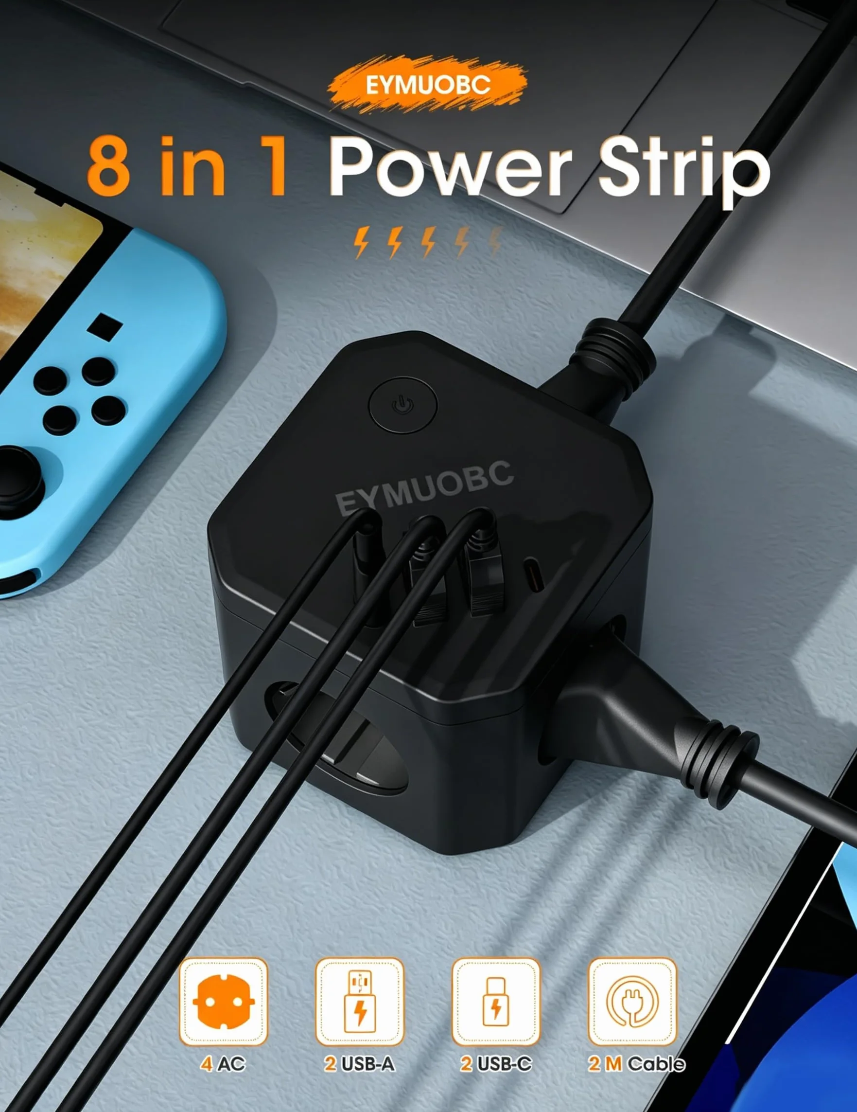 Kostka z gniazdkami z USB, listwa zasilająca z 2 USB-C PD 20W, 4 gniazda sieciowe 4 porty USB z wyłącznikiem, do biura, czarna