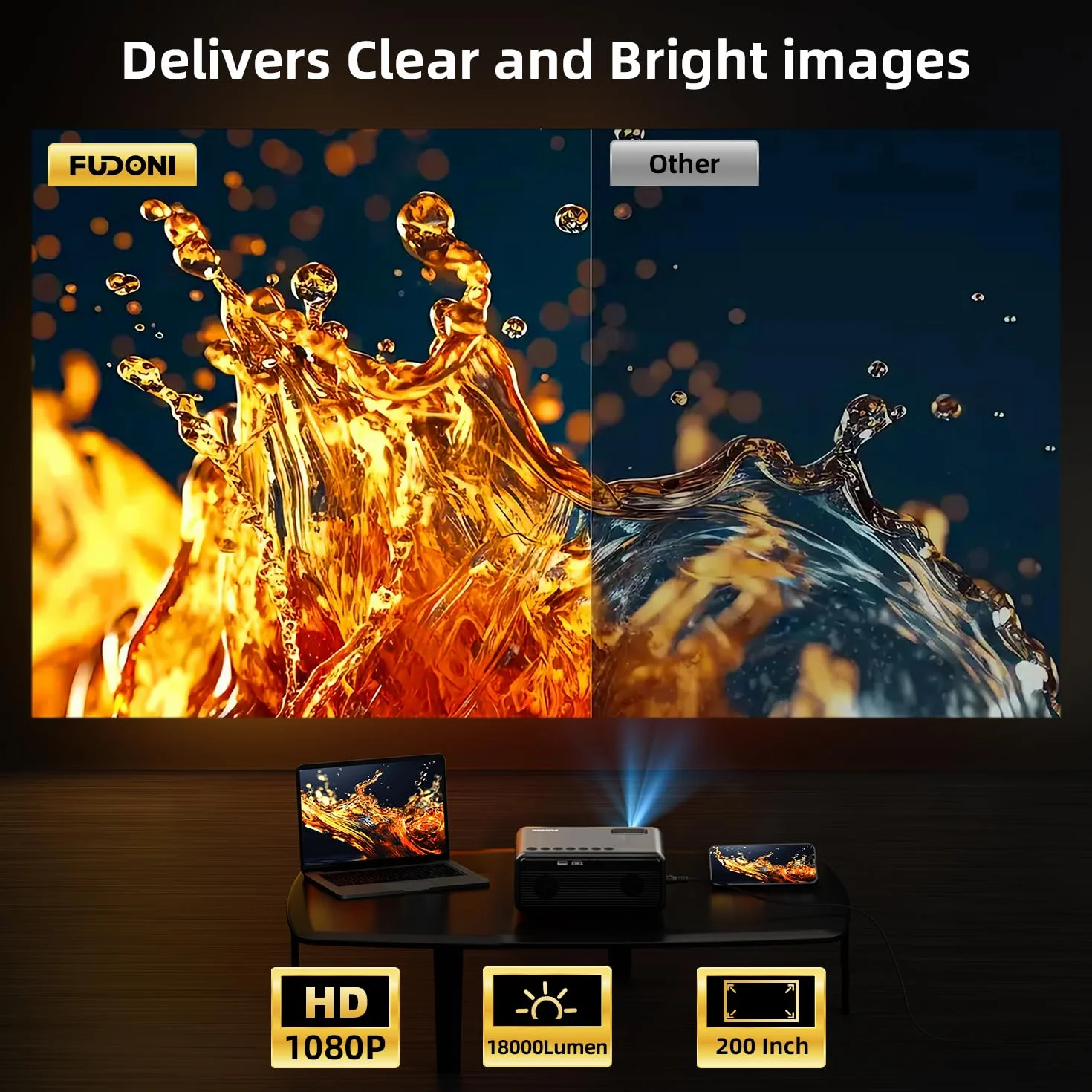 FUDONI Projektor z obsługą WiFi i Bluetooth 4K, ulepszone zewnętrzne projektory filmowe 16000 l, natywny 1080p FHD, projektor wideo do kina domowego, kompatybilny z HDMI/USB/iOS/Android/Windows/TV