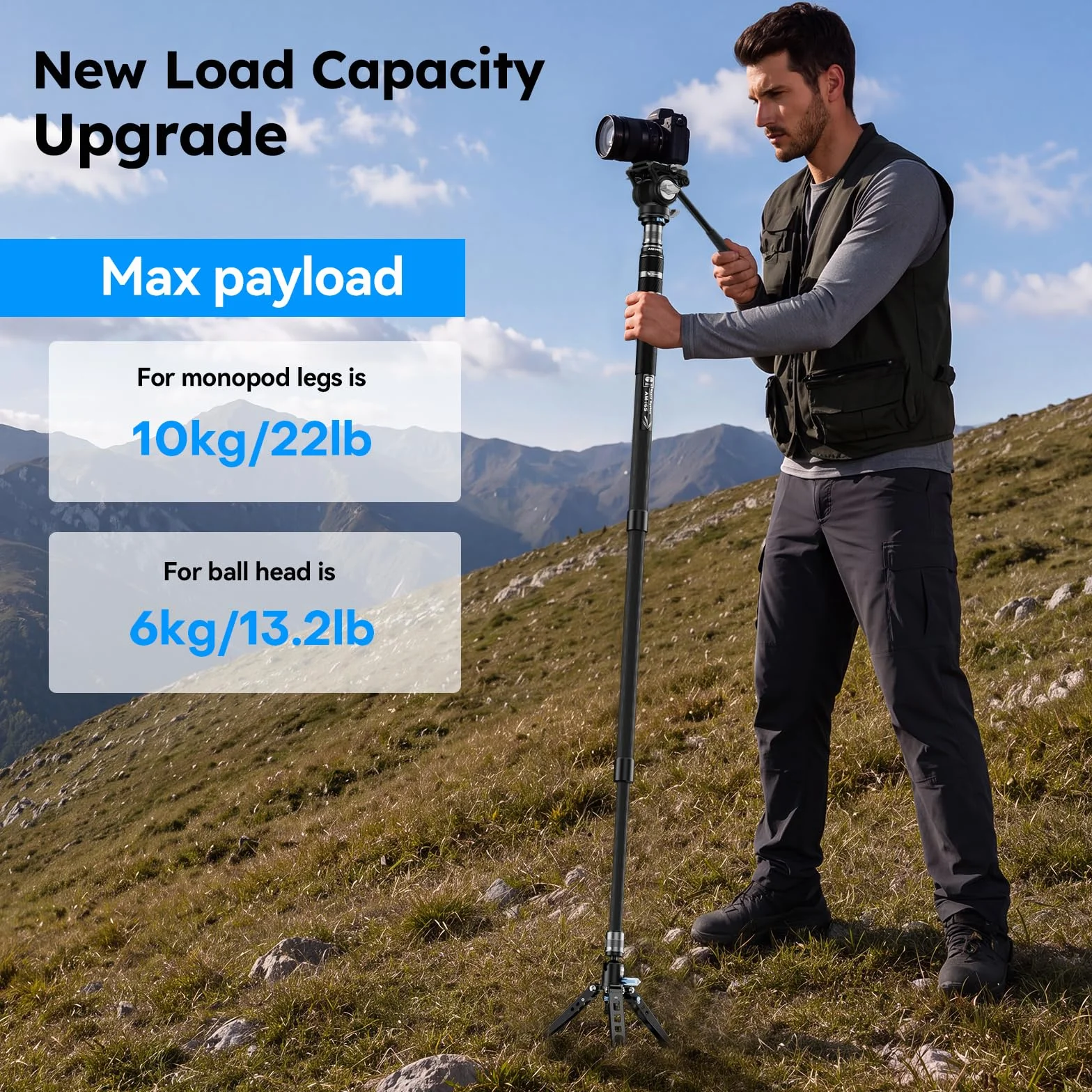 SIRUI Monopod wideo z włókna węglowego do aparatu, monopod 3 w 1 do głowicy płynu, maksymalna wysokość 165 cm, nośność 6 kg, głowica płynu do DJI RS i MFT 501