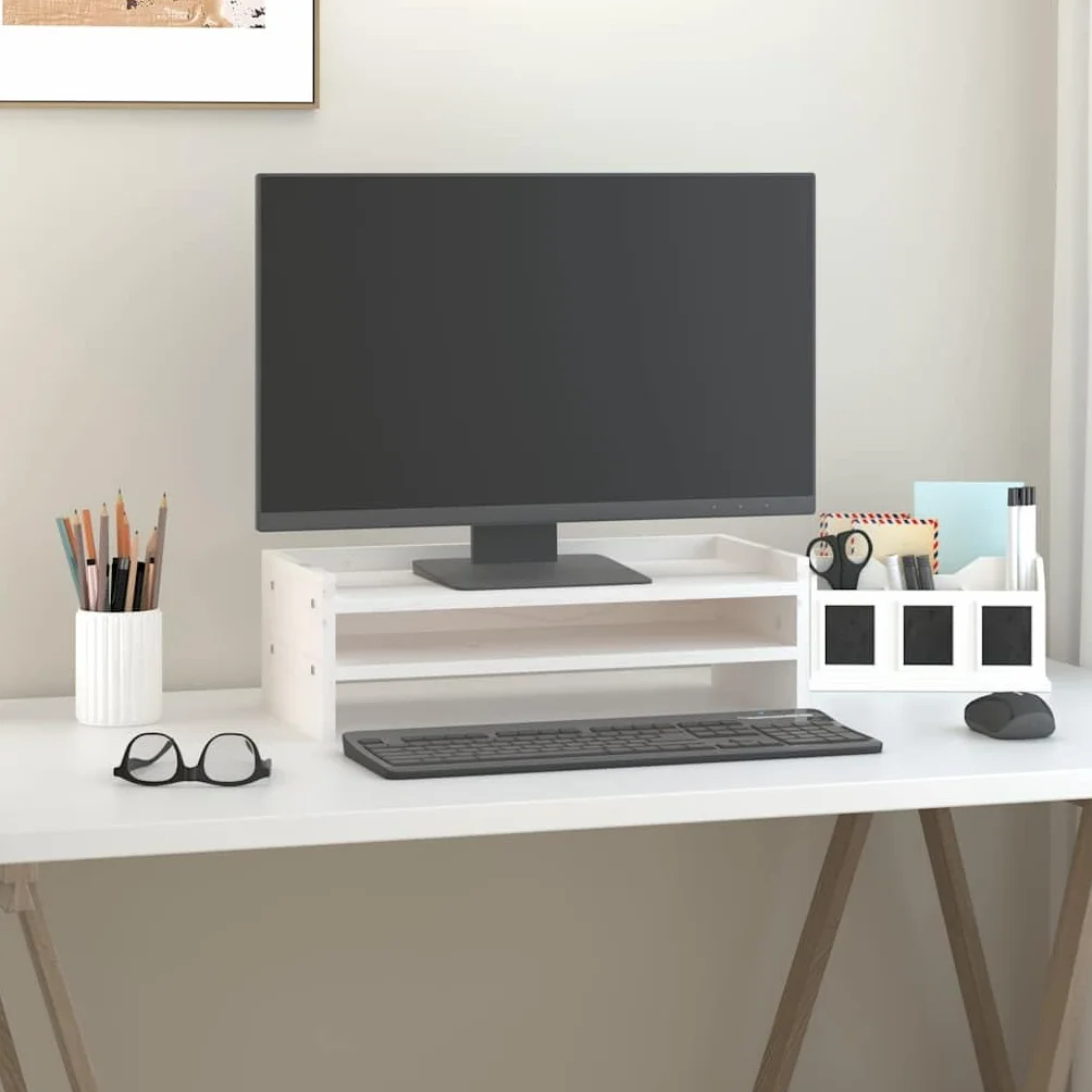 Générique Stojak na monitor z litego drewna sosnowego biały 50 x 24 x 16 cm, minimalistyczny design z miejscem do przechowywania klawiatury, laptopa i akcesoriów, stabilna rama