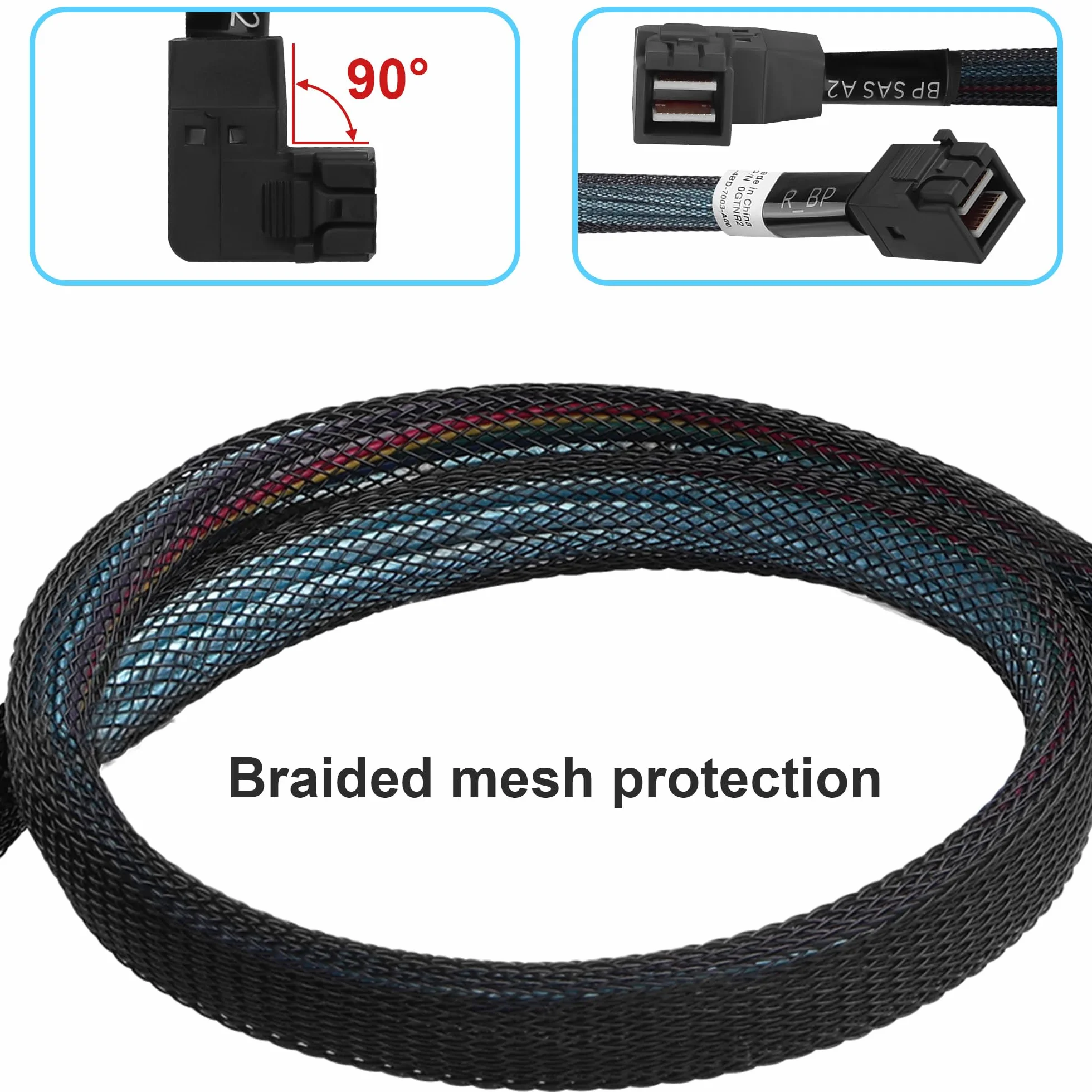 MINI SAS HD SFF-8643 kabel 45 cm, kąt prosty do 90 stopni, wewnętrzny kabel serwerowy z plecionym płaszczem i nasadkami ochronnymi, SAS 3.0 12 Gbps do centrum danych/RAID/SAN