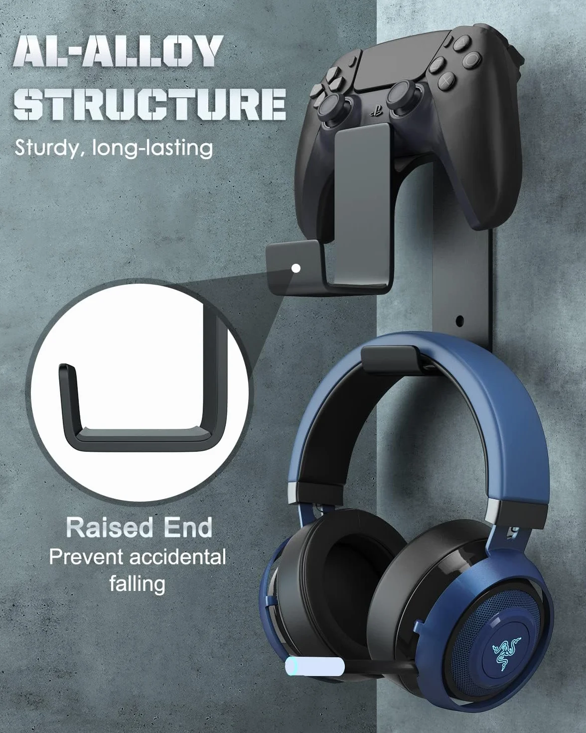 MoKo Controller Holder, Dual Gamepad Controller & Headphone Hanger for Xbox One, Xbox 360, PS3, PS4, PS5, PC, STEAM, Switch/Switch 2, Wall Mount Stand for All Universal Headsets, Black