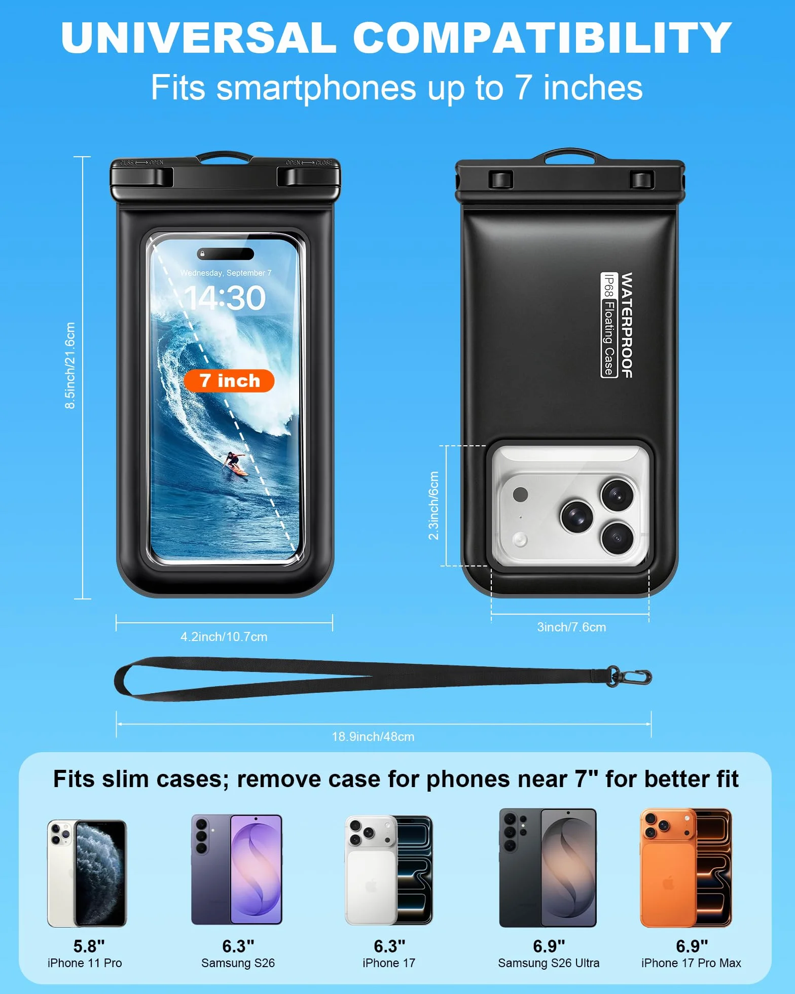 Wodoszczelna pływająca torba na smartfon, zestaw 2 szt. IPX8 wodoodporna torba na plażę do pływania w basenie, wodoodporna obudowa do iPhone 17 16 15 14 Pro Max Samsung S26 S25 S24, do 7 cali