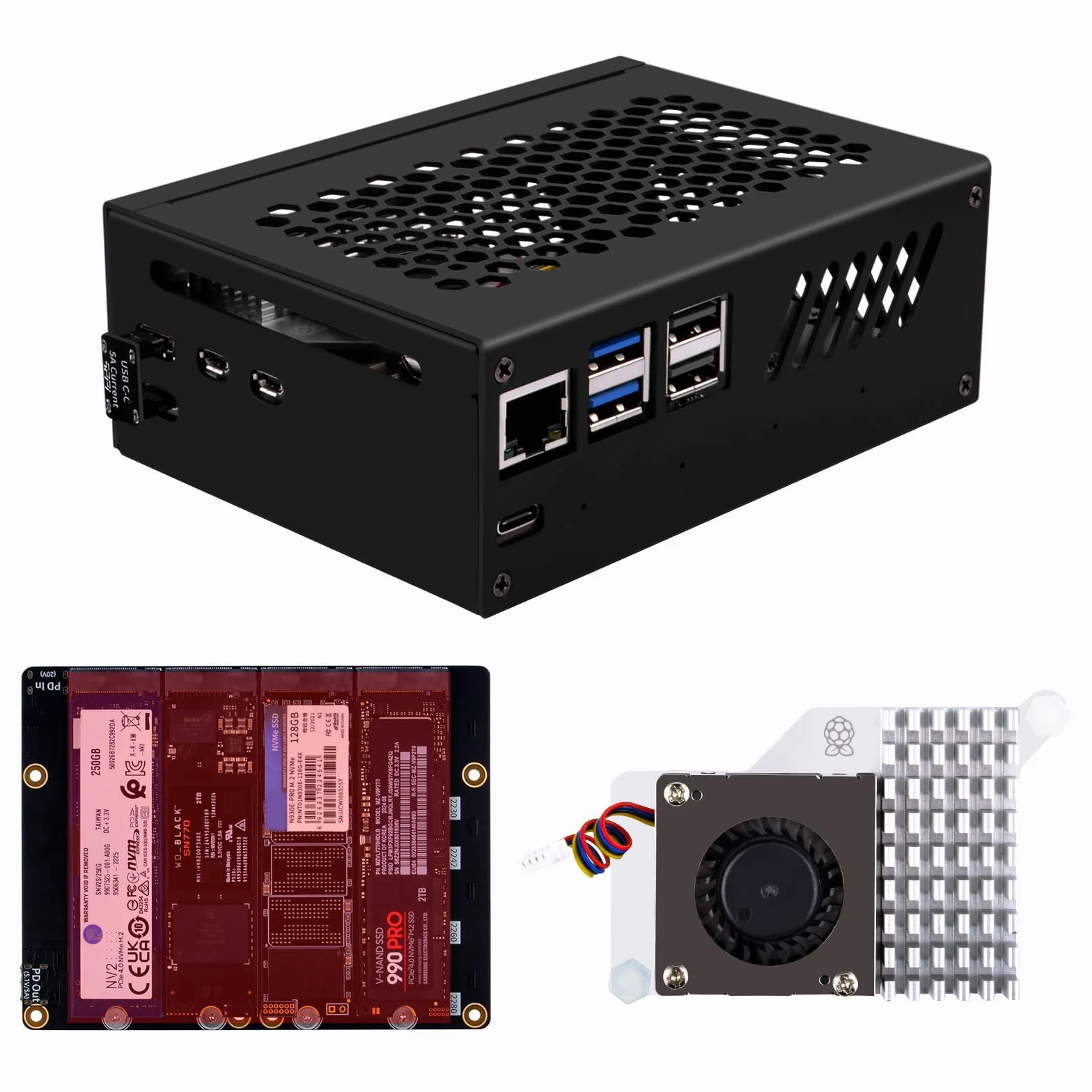 GeeekPi N16 Quad M.2 M-Key NVMe SSD HAT z metalową obudową i aktywnym chłodzeniem dla Raspberry Pi 5, obsługuje dyski SSD M.2 NVMe M-Key 2230/2242/2260/2280