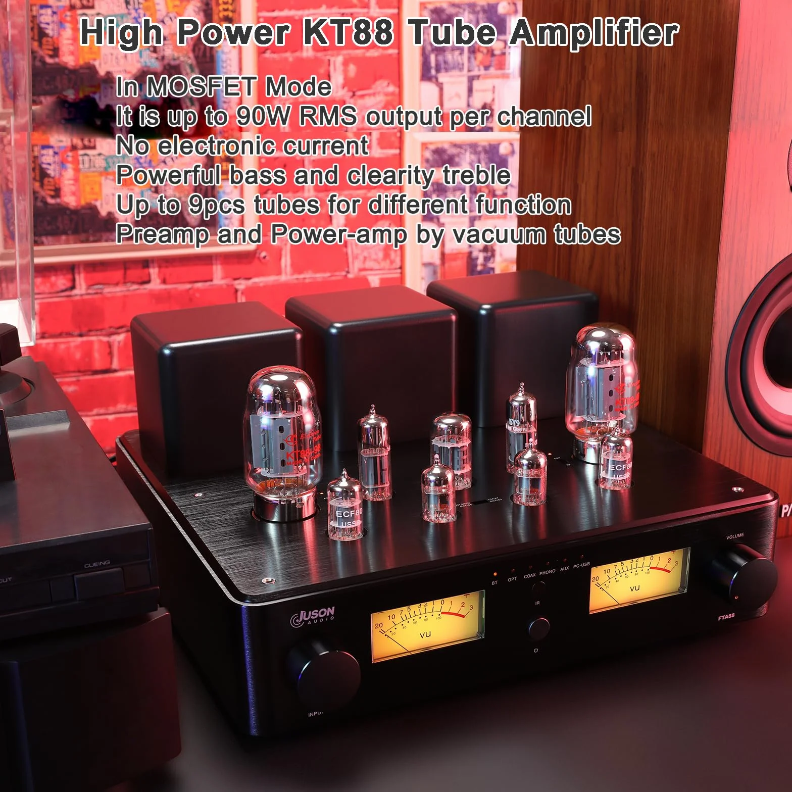 Juson Audio FTA88 Upgrade KT88 wzmacniacz rurowy zaworu, klasa A, wzmacniacz próżniowy HiFi z BT 5.0 Mosfet, jednokierunkowy, podwójny pilot zdalnego sterowania, aptX-HD