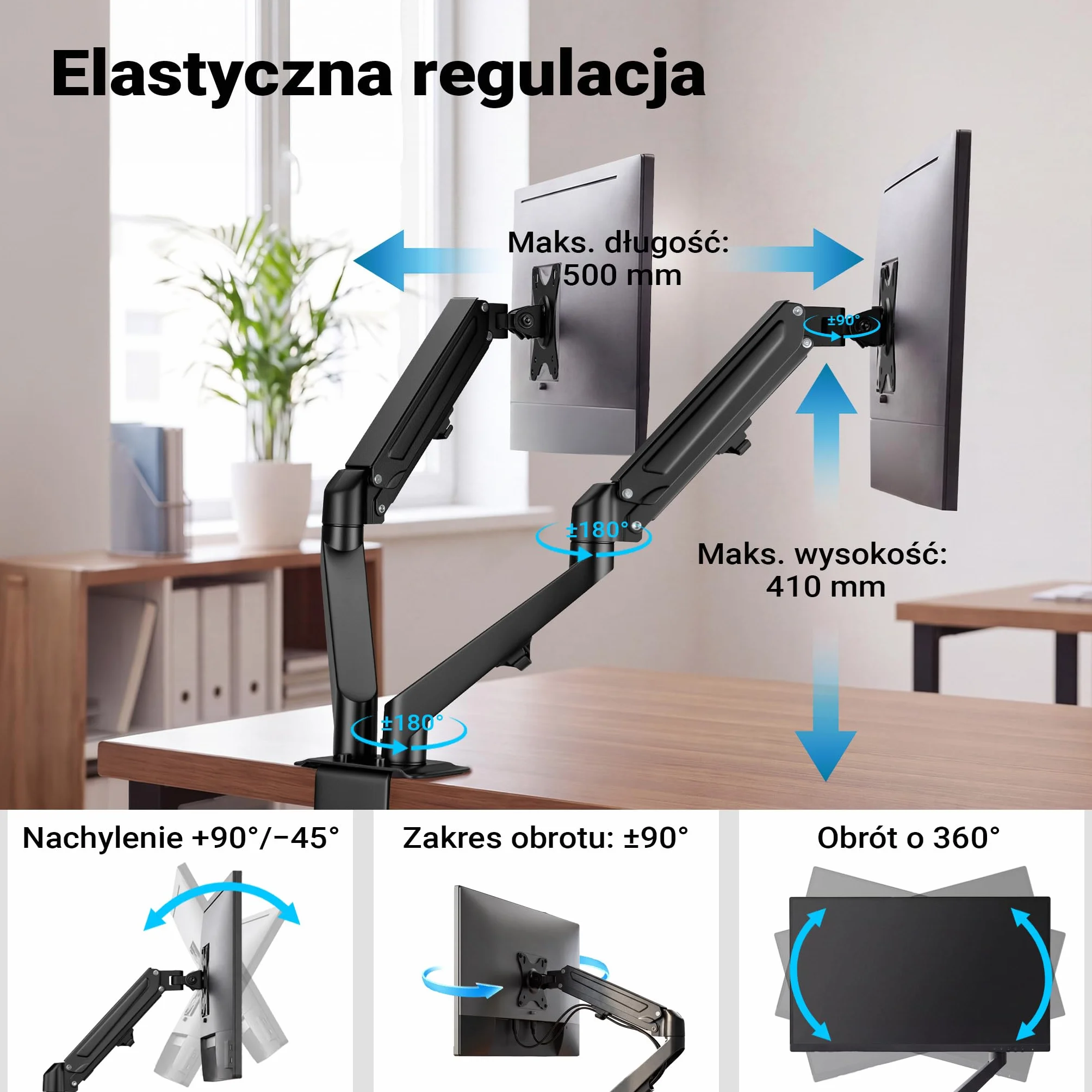 Wiltec Podwójny uchwyt monitorowy z sprężyną gazową do dwóch monitorów 17-27 cali Uchwyt stołowy VESA
