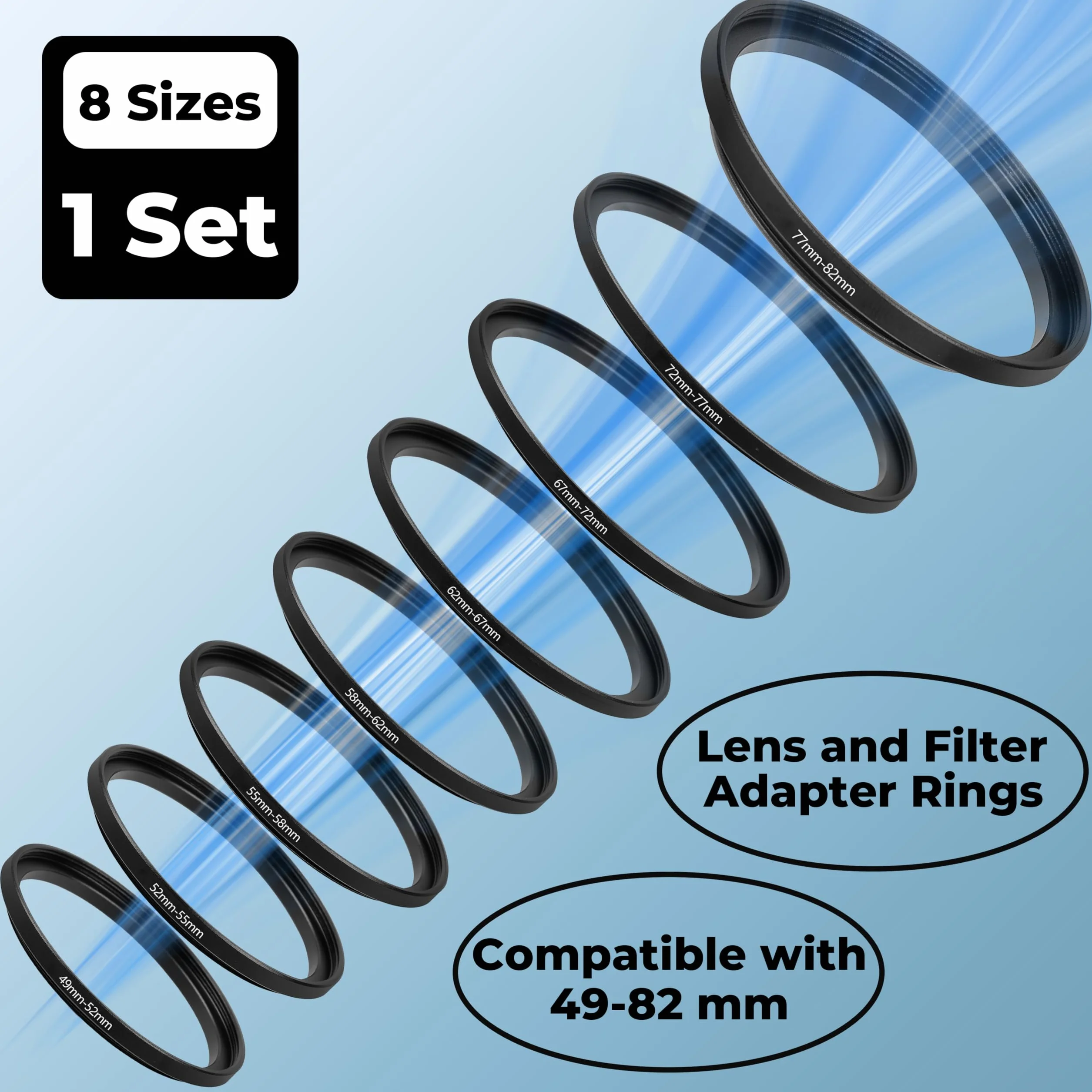 Zestaw 8 Pierścieni Redukcyjnych Step-UP, Adapter Filtra Obiektywu: 49mm 52mm 55mm 58mm 62mm 67mm 72mm 77mm 82mm.