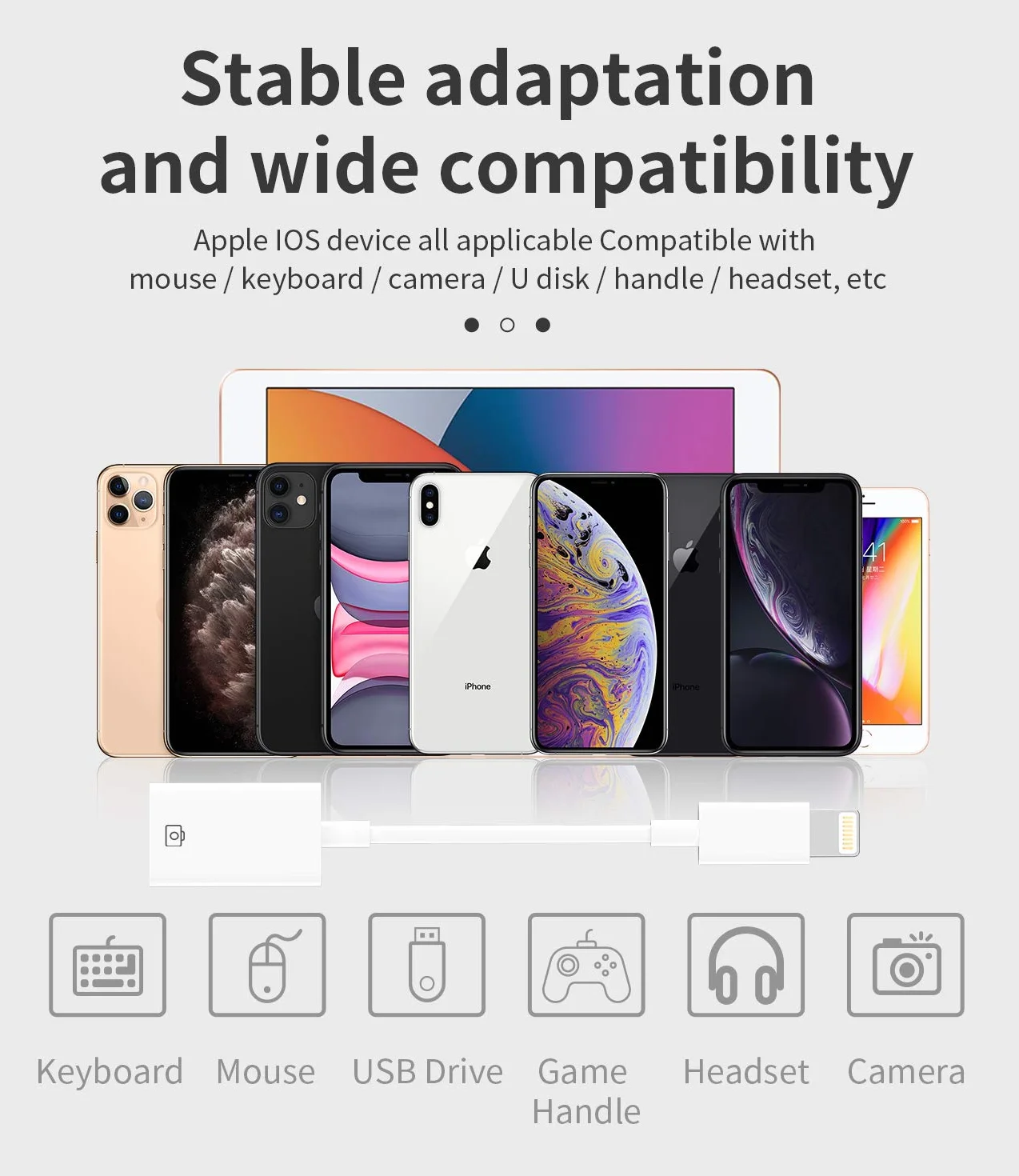 Lightning USB Flash Adapter iPhone OTG Converter Camera Card Reader Keyboard Mouse MIDI Hub Piano Data Sync Kompatybilny z Apple 11 12 13 14 Pro Max Mini Xr X Xs Se 7 8 Plus iPad Air