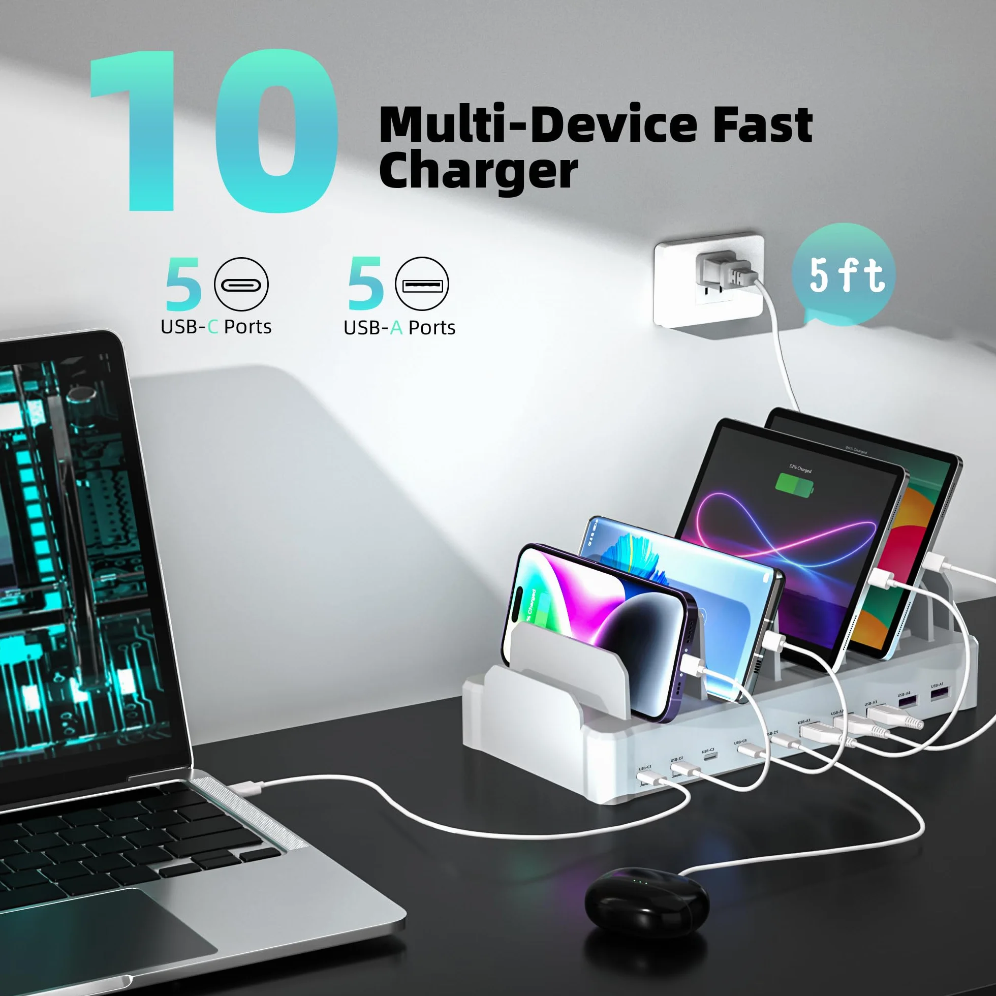 Zobirez - Stacja ładująca 320 W dla wielu urządzeń, 10-portowa stacja szybkiego ładowania USB C dla MacBooka, iPhone'a, telefonu komórkowego z systemem Android, iPad, tabletów, wielu organizatorów