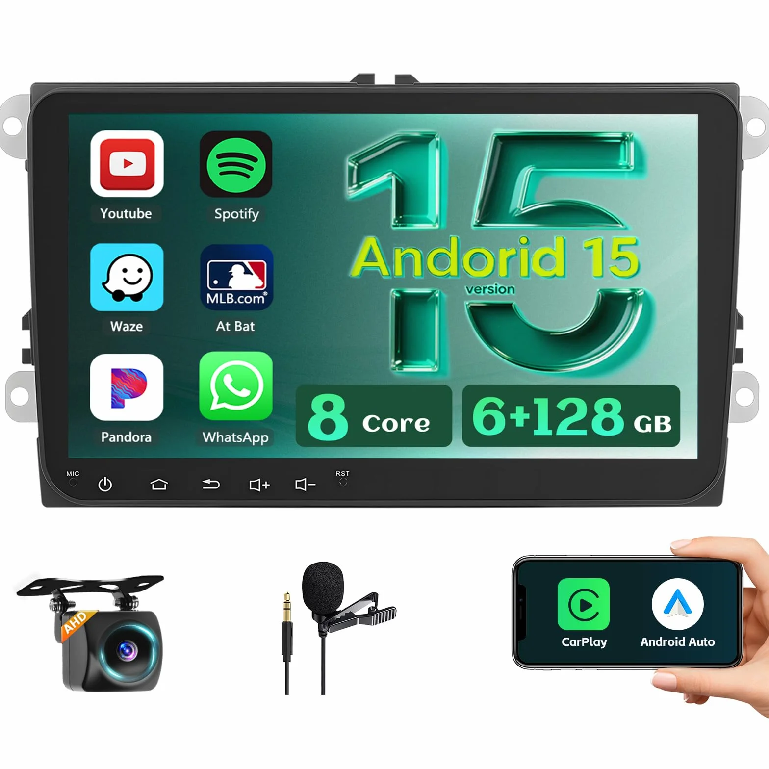 8 Core 6G + 128G DSP Hikity Android 15 radio samochodowe do VW Golf 5 6 Passat Tiguan Polo Caddy Seat, 9-calowy ekran dotykowy radio samochodowe z bezprzewodowym CarPlay Android Auto GPS WiFi RDS/FM