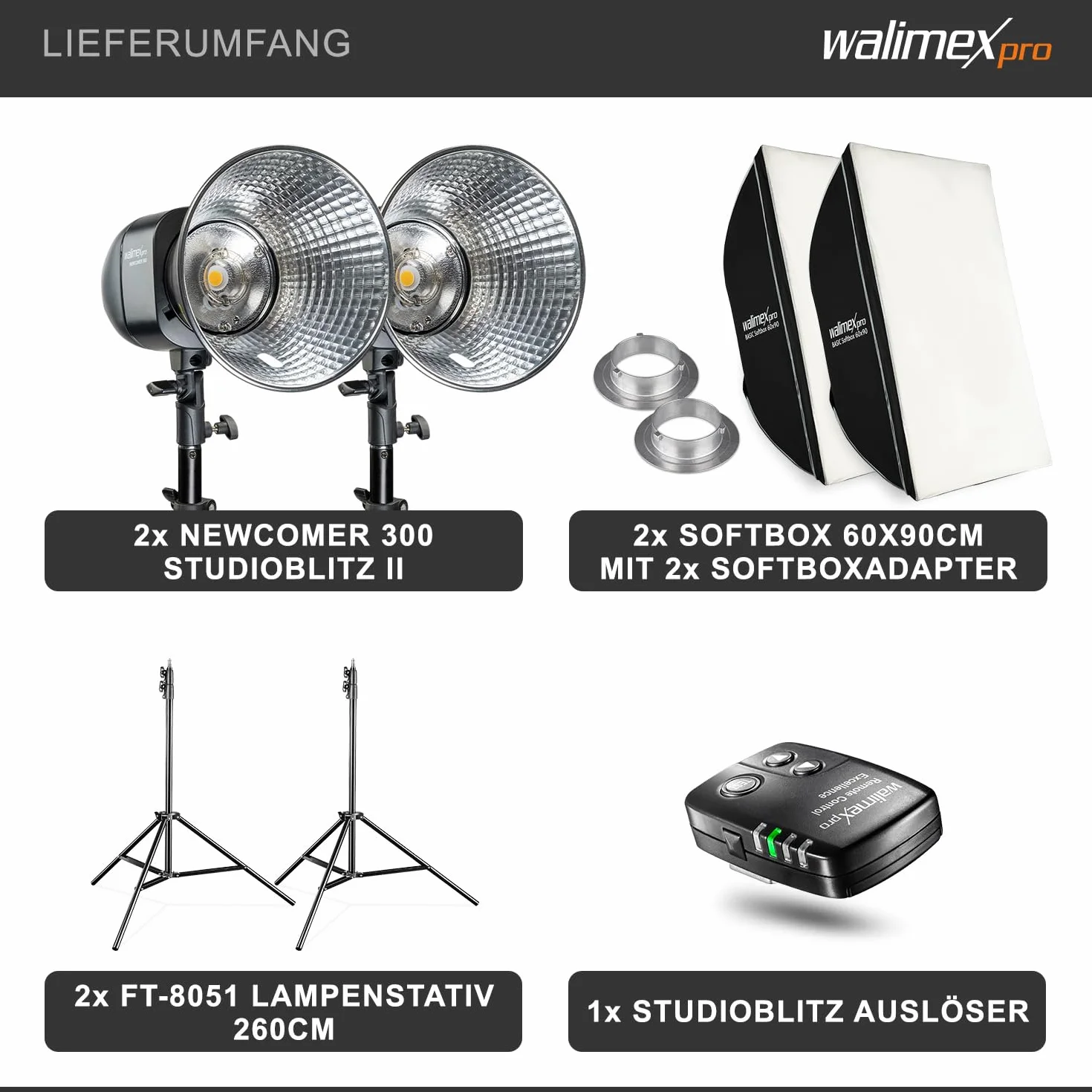 Walimex pro Zestaw 2 studyjnych lamp błyskowych Newcomer 300 II, komplet wraz z softboxami, statywami oświetleniowymi i wyzwalaczem radiowym, idealny do studia fotograficznego